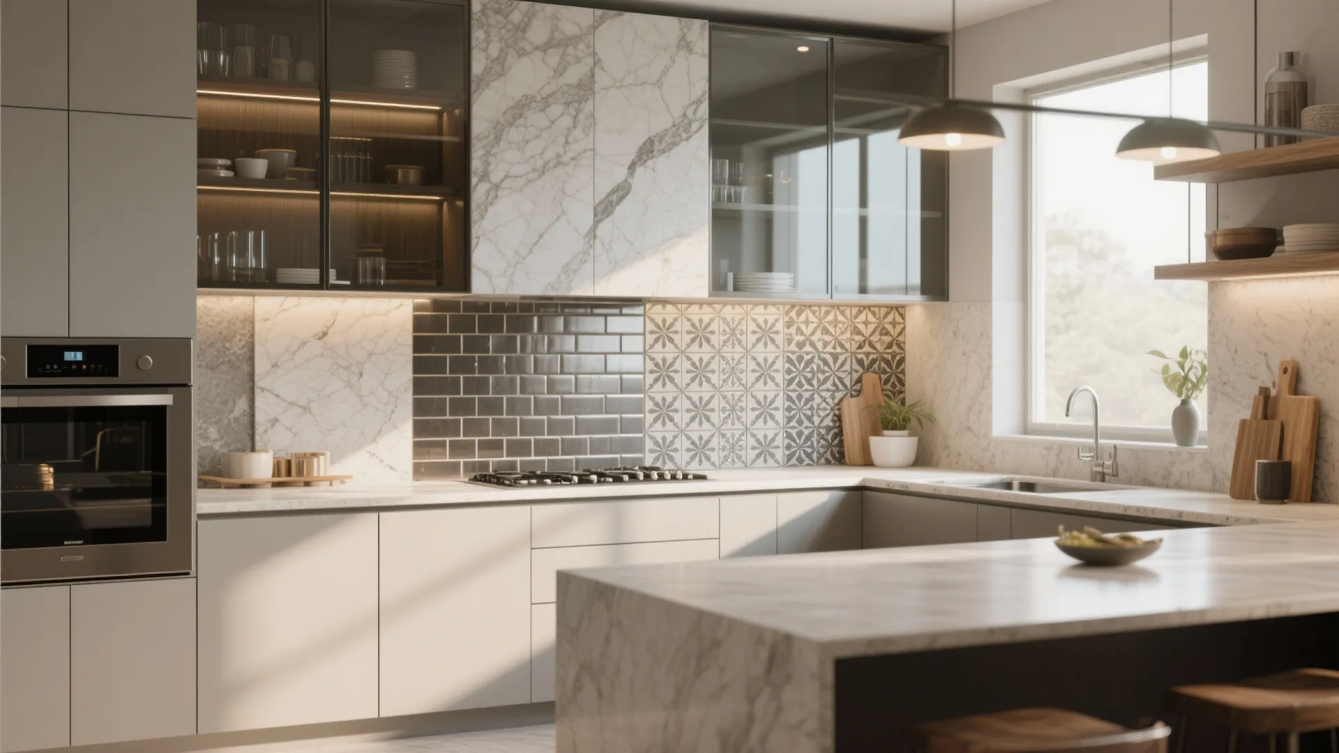 Modern kitchen with marble wall panels, patterned tiles, white cabinets, oven, and a marble island
