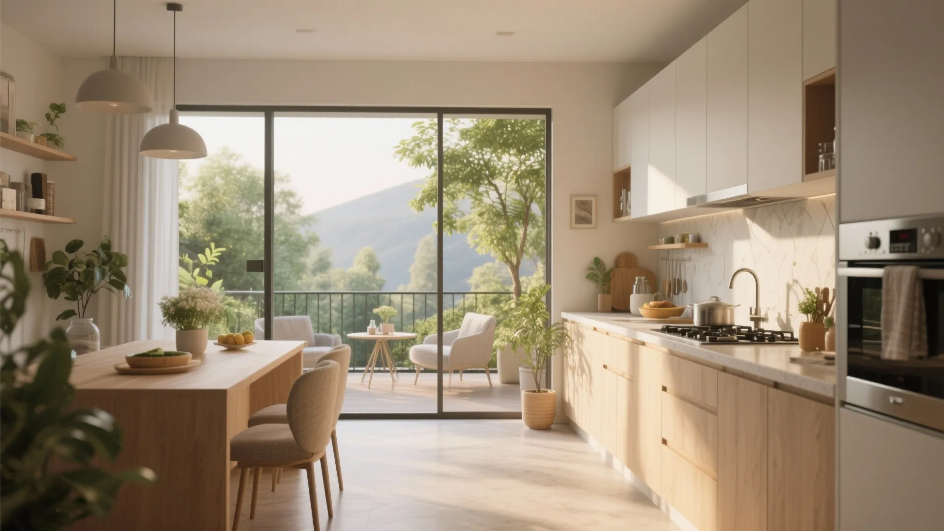 Bright open kitchen with wood cabinets dining table and large windows showing a green balcony