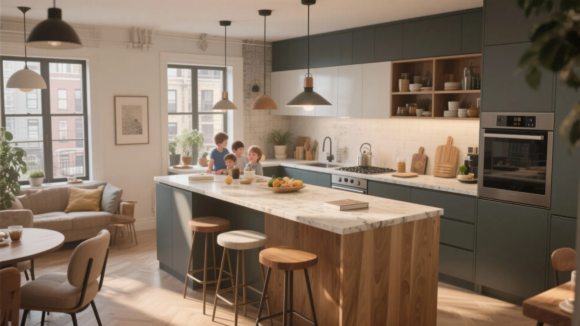 Spacious open kitchen with wooden island green cabinets marble counter top and several ceiling lights