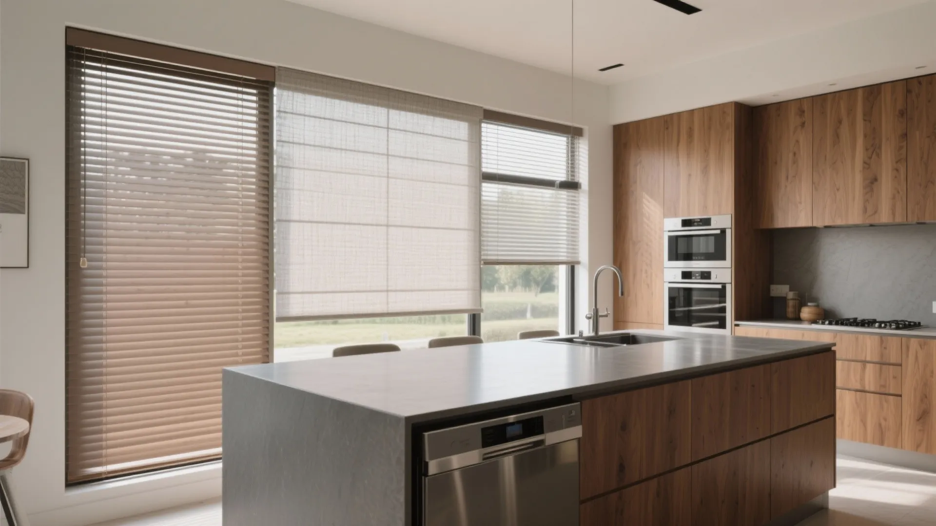 Modern kitchen with wood cabinets grey island sink and various window blinds showing natural sunlight