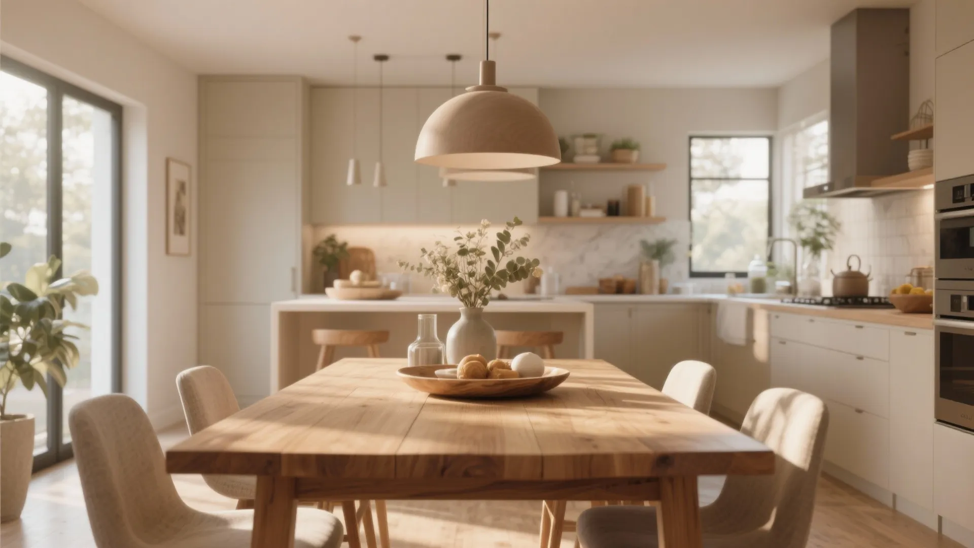 Modern kitchen wooden dining table with center bowl under a large round cream ceiling light