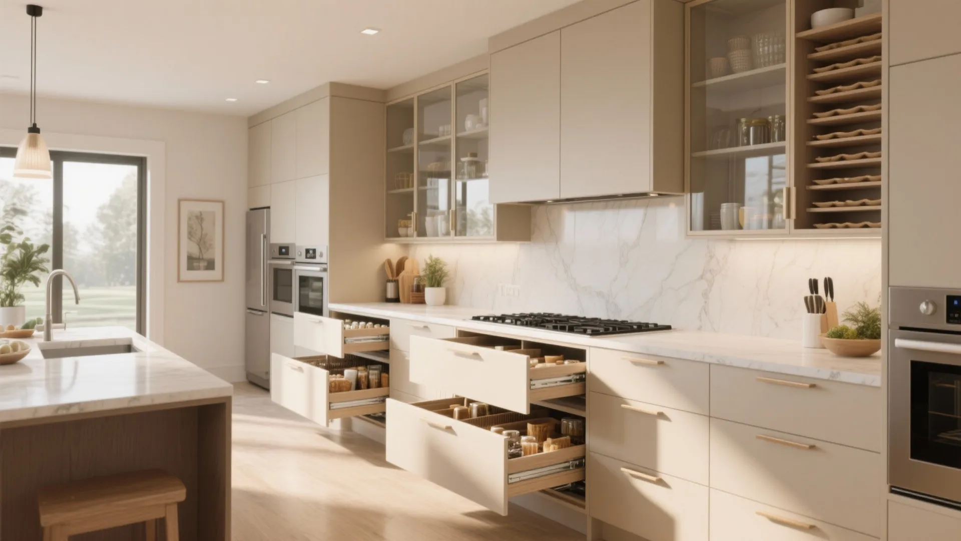 Modern kitchen with beige cabinets open drawers for spice storage marble wall and large center island