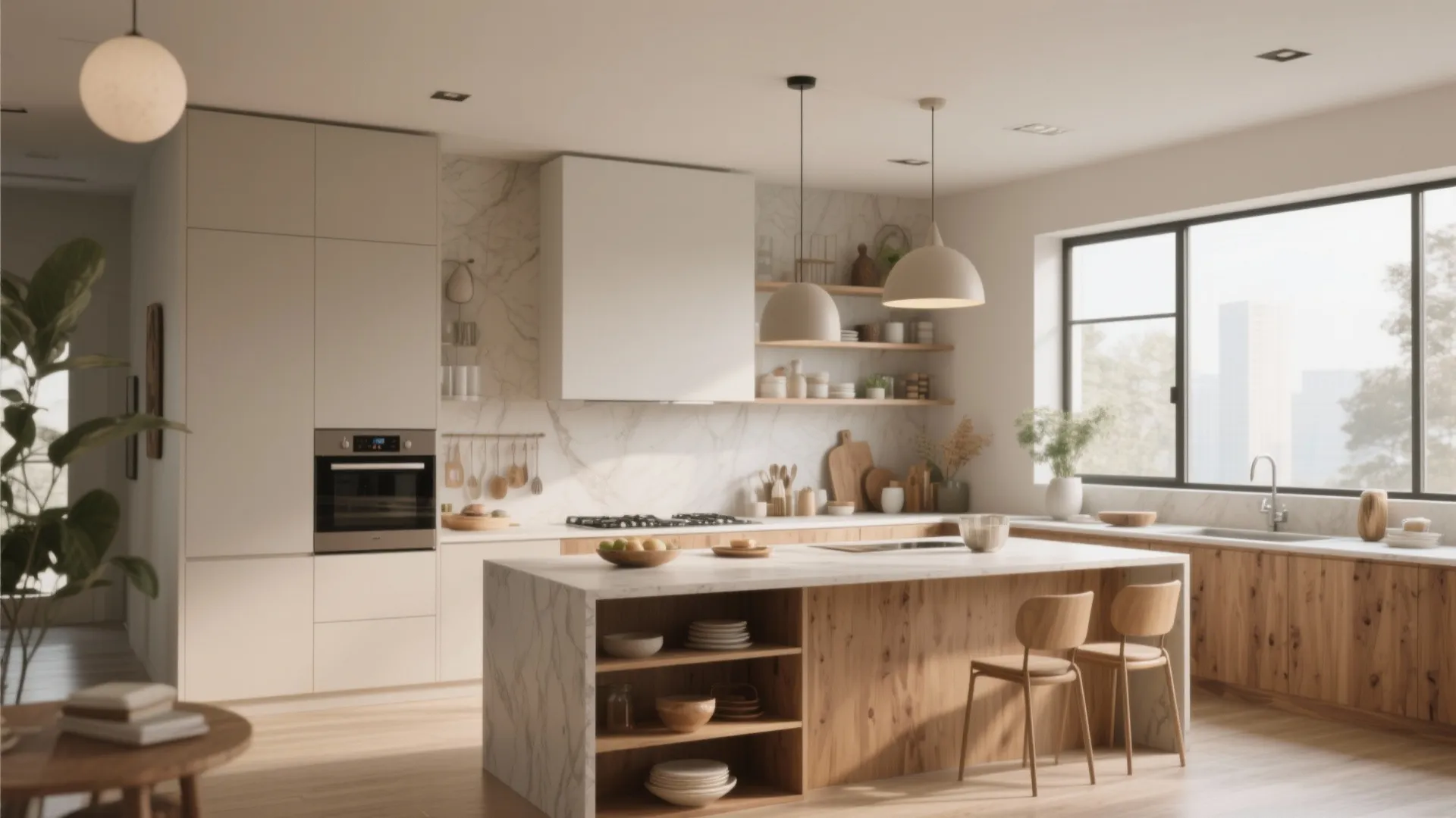 Minimalist wood kitchen with marble countertop island chairs ceiling light large window and white cabinets