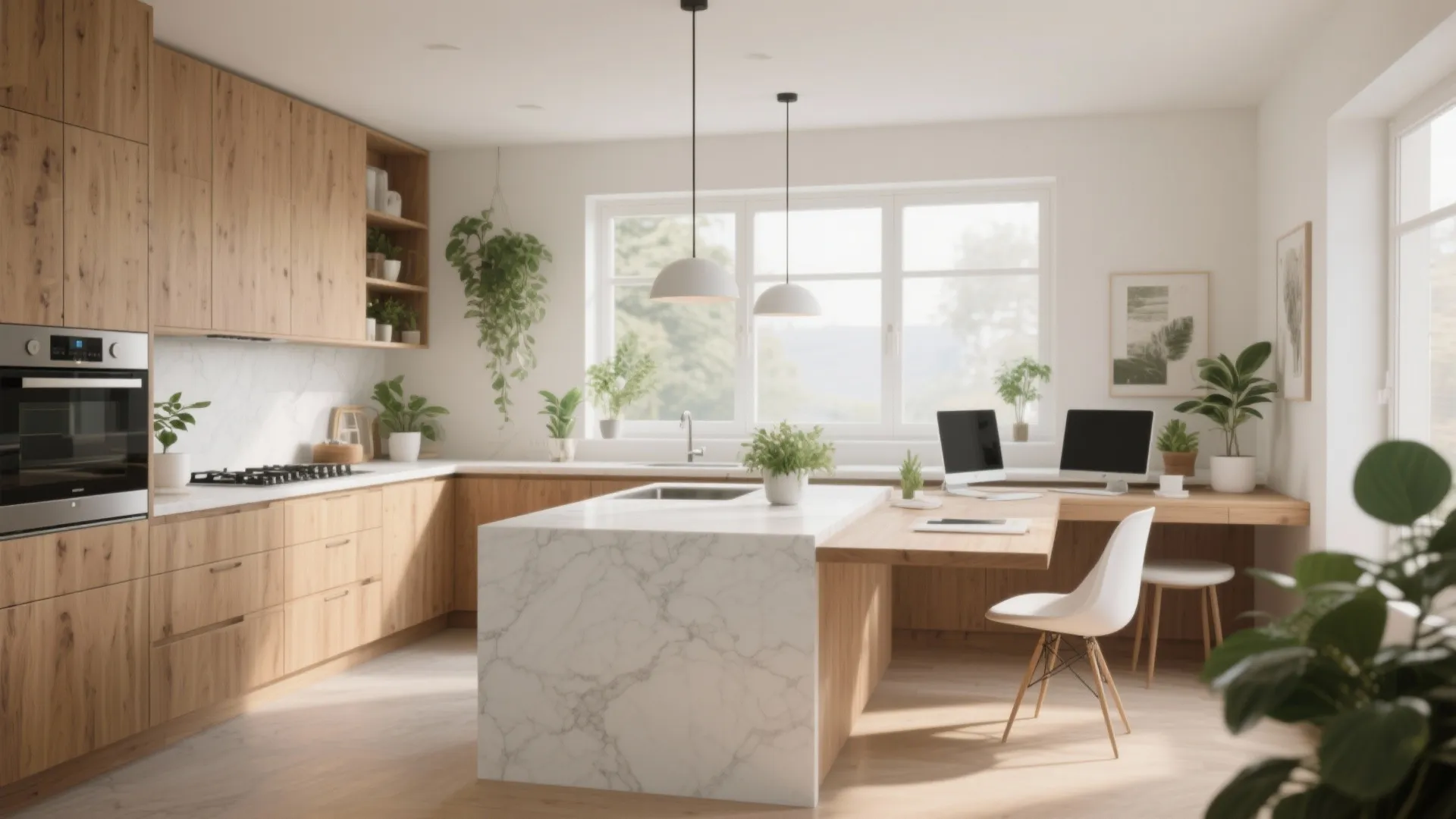 Large open kitchen with wood cabinets marble island integrated desk area green plants and natural light