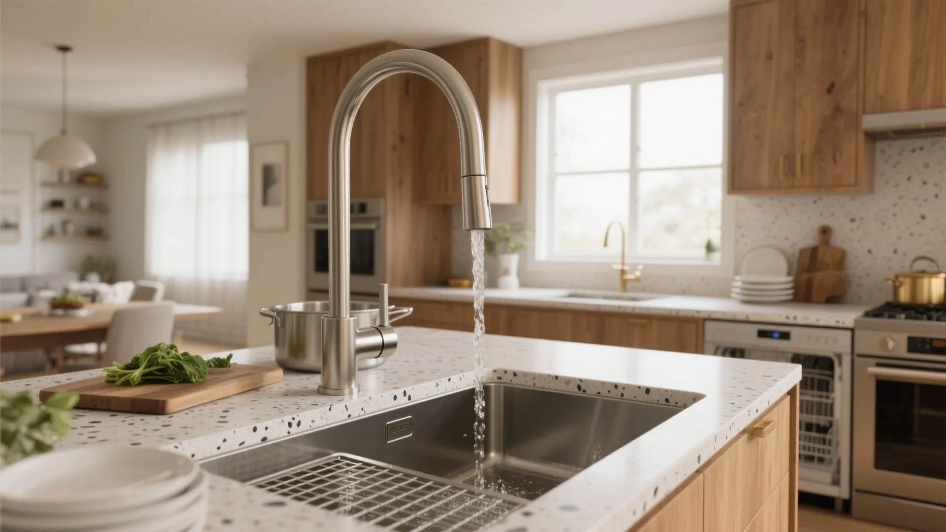 Modern silver kitchen tap with running water over a sink in a bright wooden kitchen