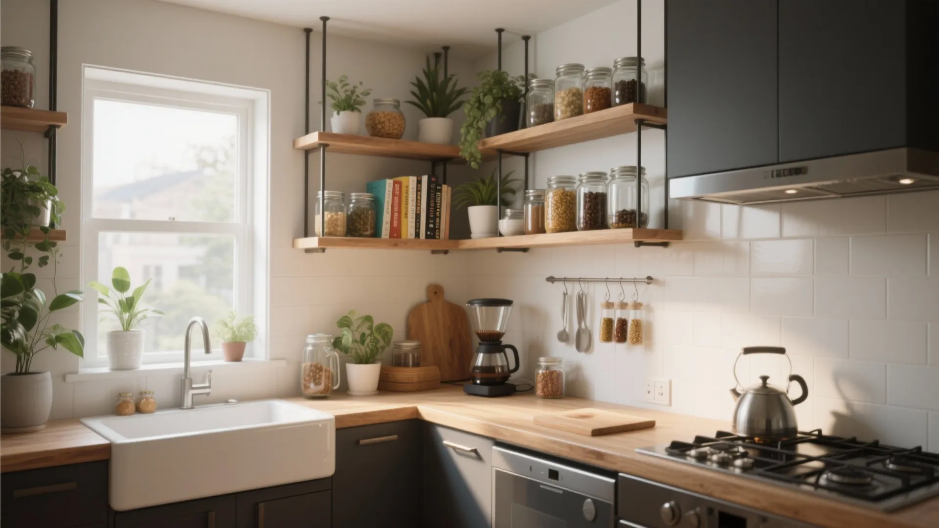L-shaped kitchen featuring wooden open shelves with glass jars above white sink and wood countertop