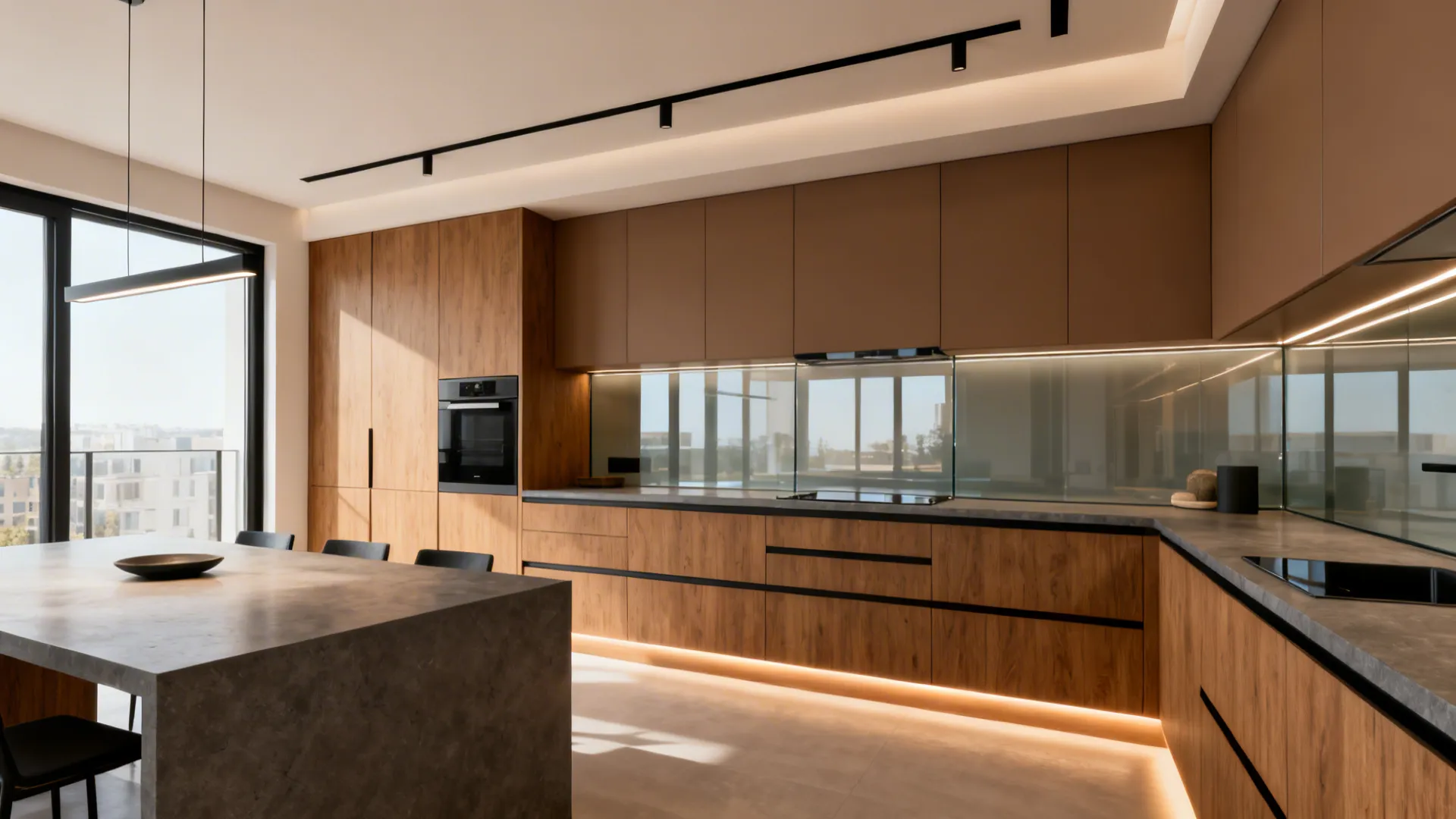 Modern kitchen with wood cabinets stone island track lighting and warm under cabinet light fixture