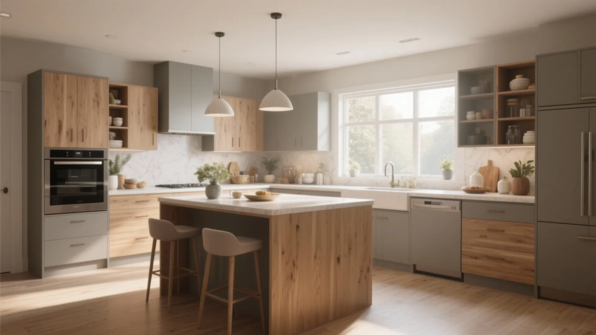 Large modern kitchen with wood island bar stools white ceiling lights oven and marble backsplash
