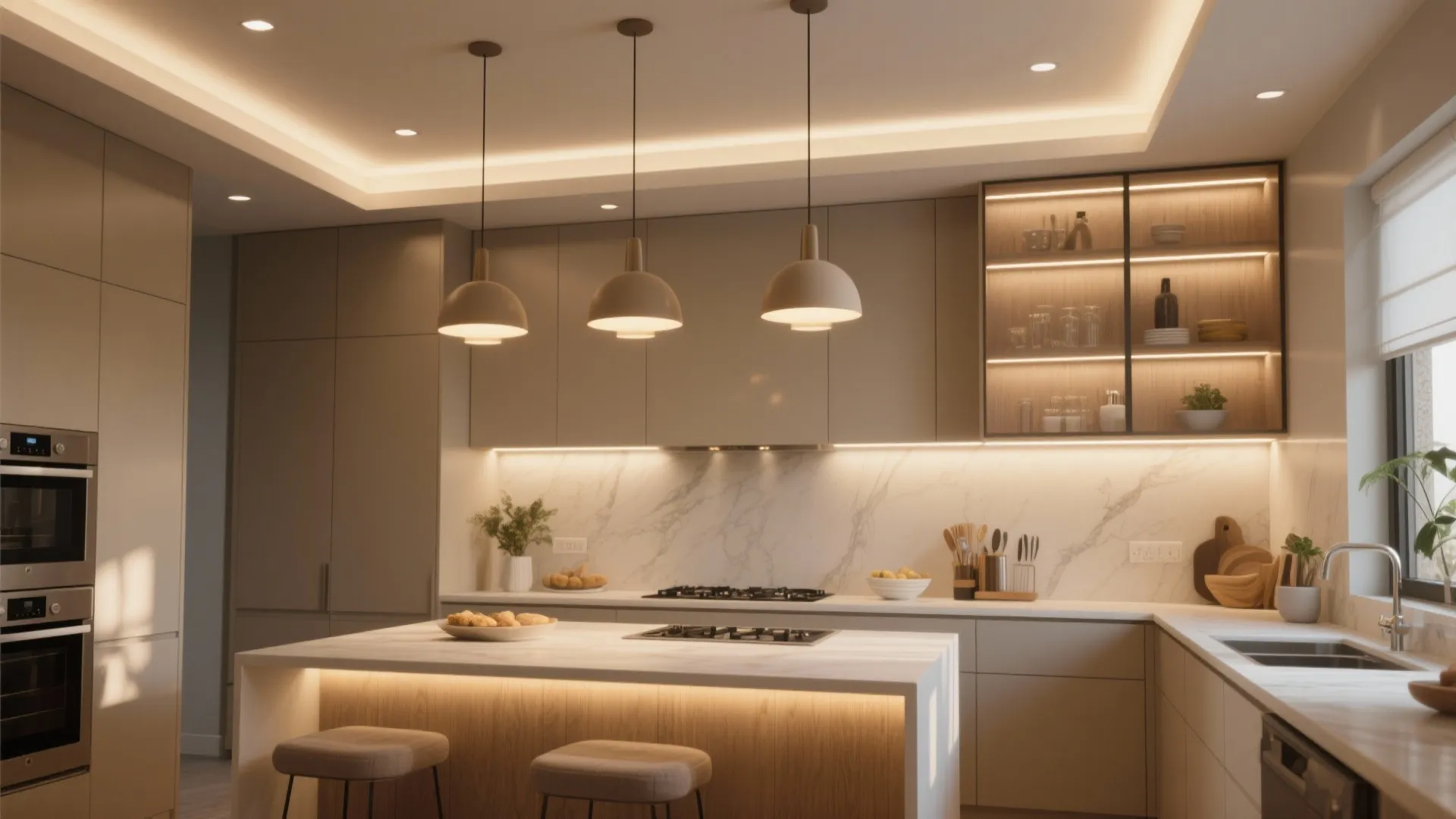Modern kitchen with marble walls and island featuring warm ceiling light fixtures and hidden lighting