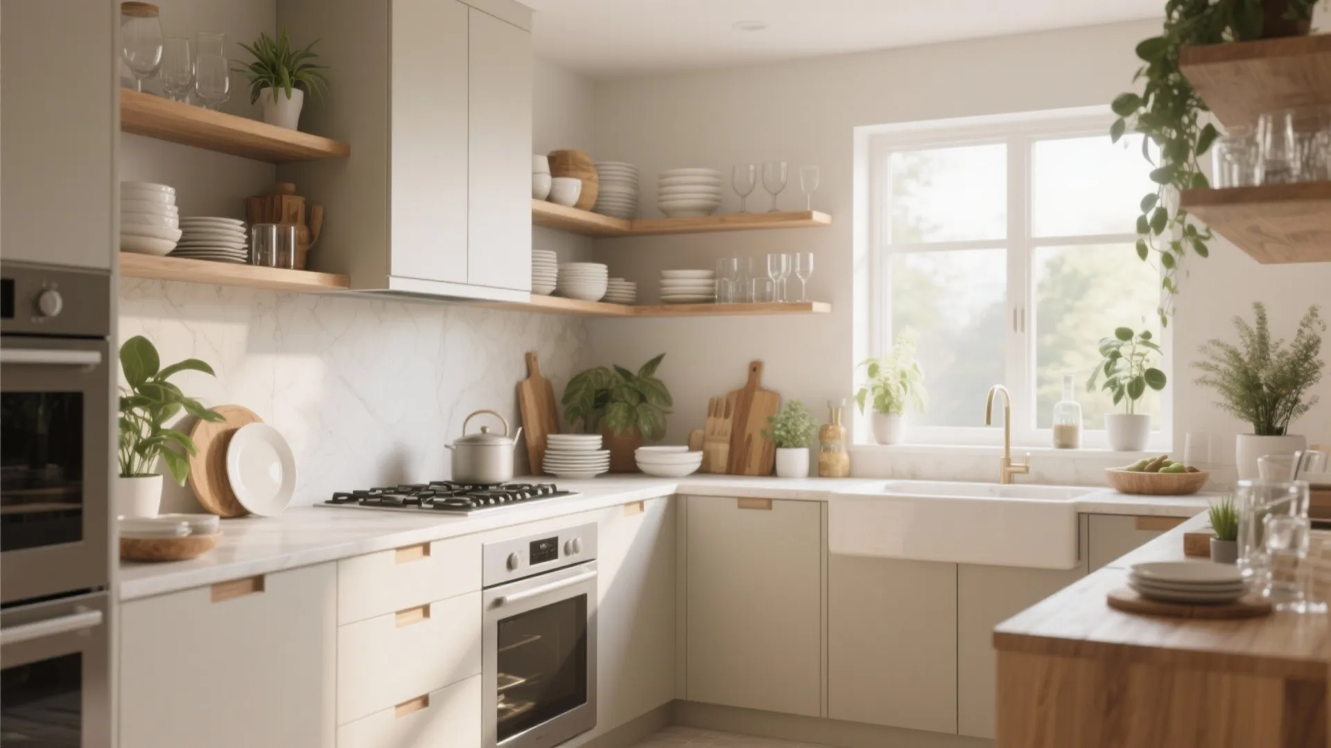 Modern cream kitchen interior with wooden shelves white sink marble backsplash oven and bright window