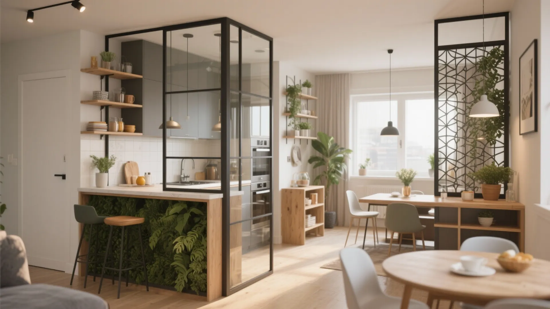 Modern kitchen with glass partition wall wood breakfast bar green plants and black ceiling light