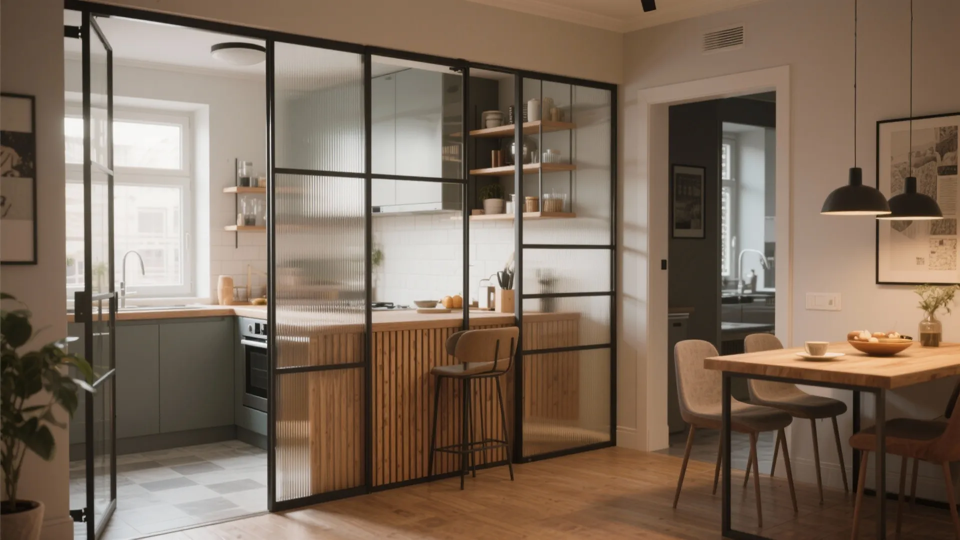 Modern kitchen and dining area divided by a black framed glass partition with sliding doors