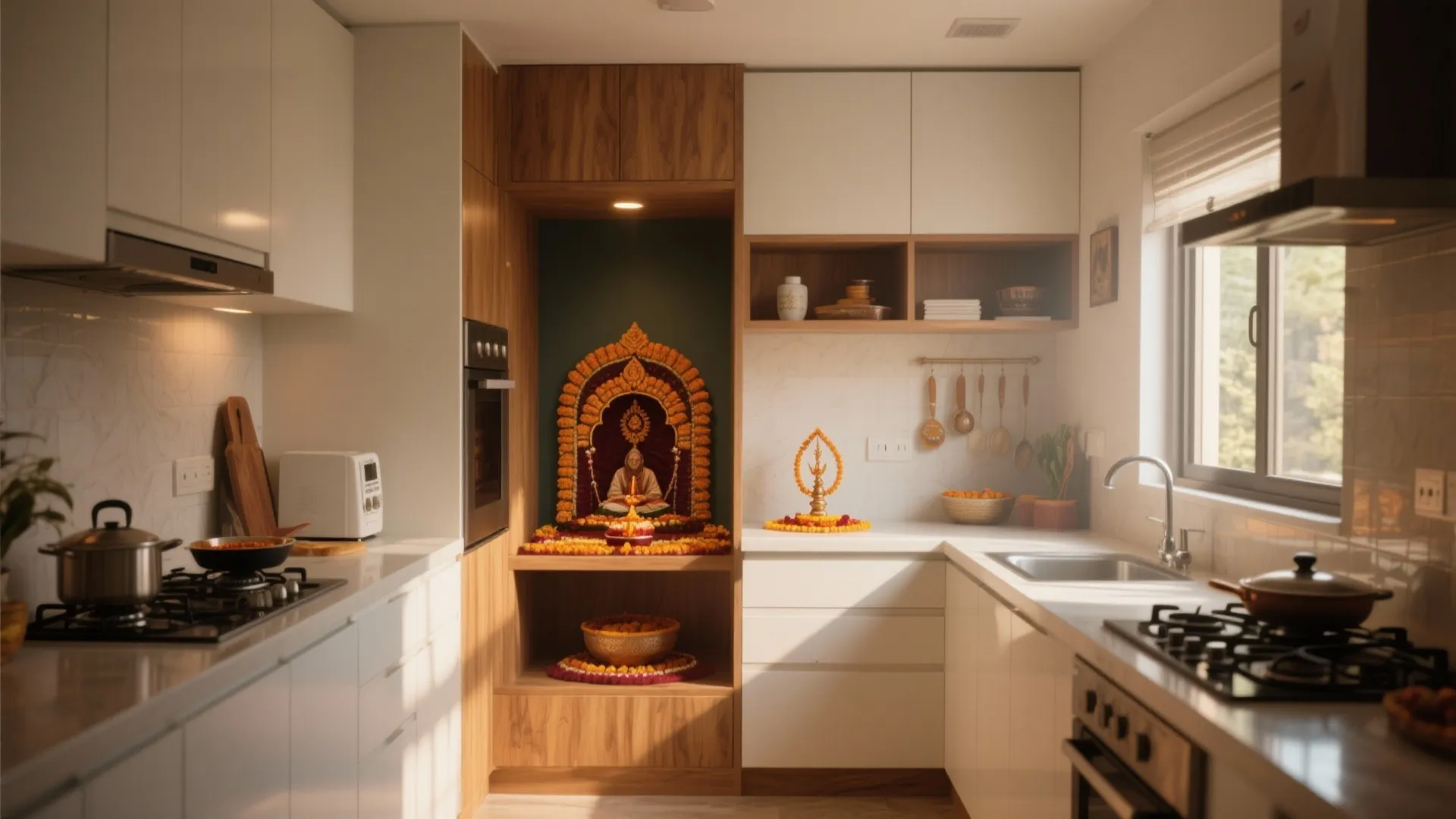 Modern white kitchen featuring wooden cabinets with a built-in prayer altar and marble floor design