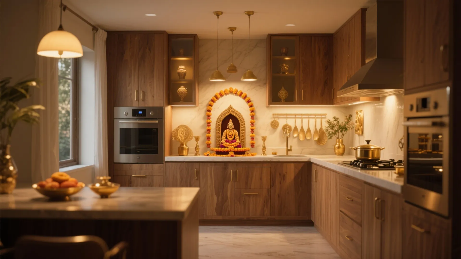 Modern wood kitchen cabinets featuring a built-in prayer area with small statue and warm lights