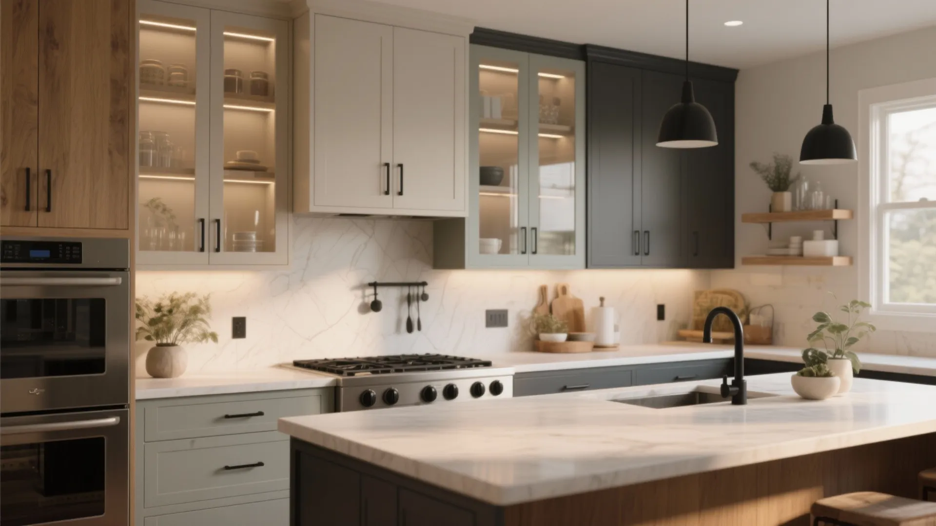 Modern kitchen featuring mixed color cabinets marble island wood accents black ceiling light and gas stove