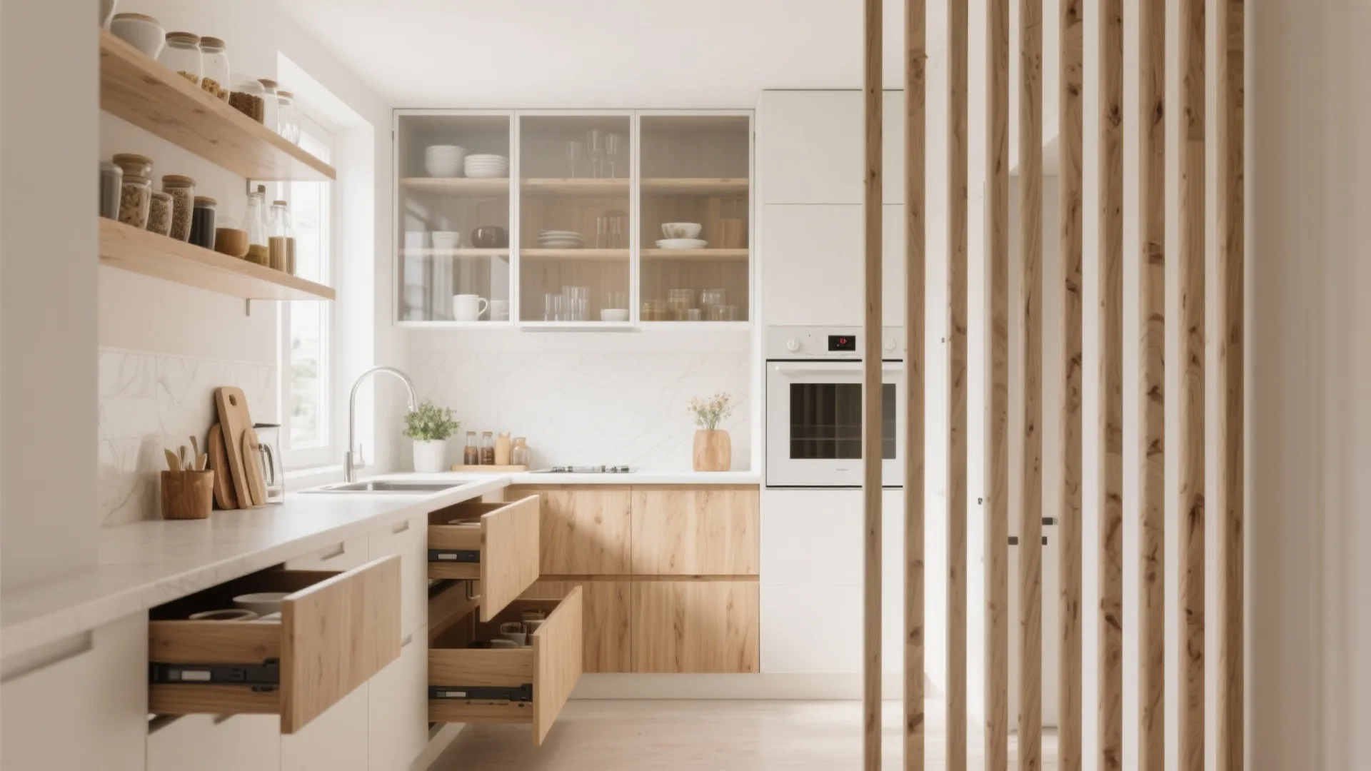 Modern white kitchen with wooden cabinets open drawers wall shelves and a wooden room divider