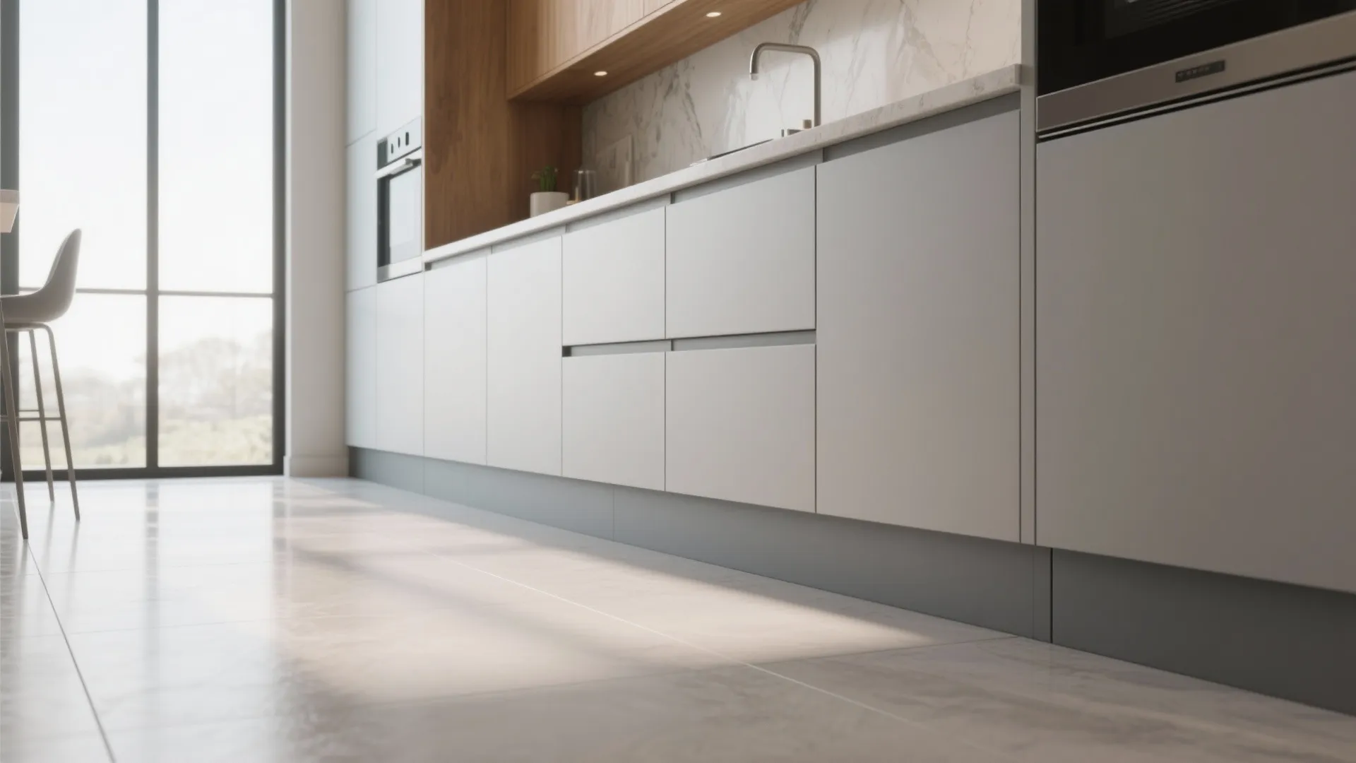 Modern kitchen with grey base cabinets marble countertop wooden shelf sink faucet and large window