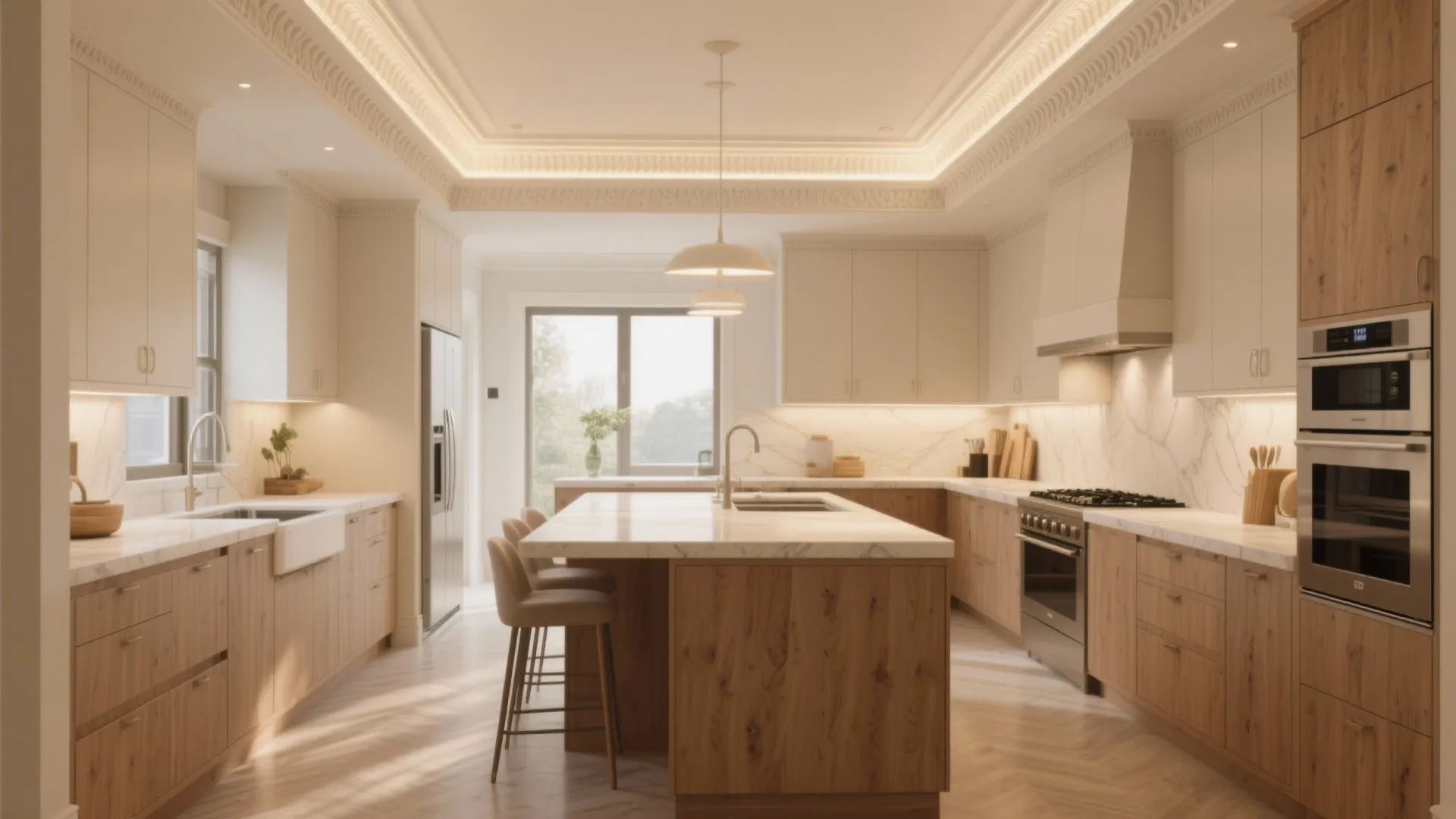 Modern kitchen with wooden island and cabinets featuring warm recessed ceiling light and herringbone floors