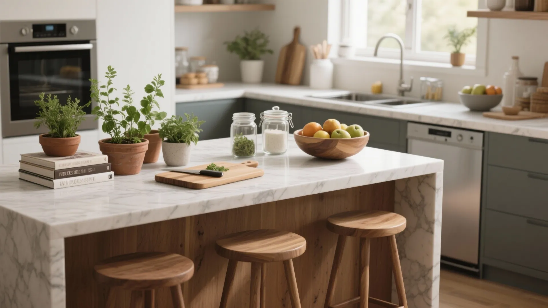 Modern kitchen marble island with wooden stools potted herbs fruit bowl and built-in oven design