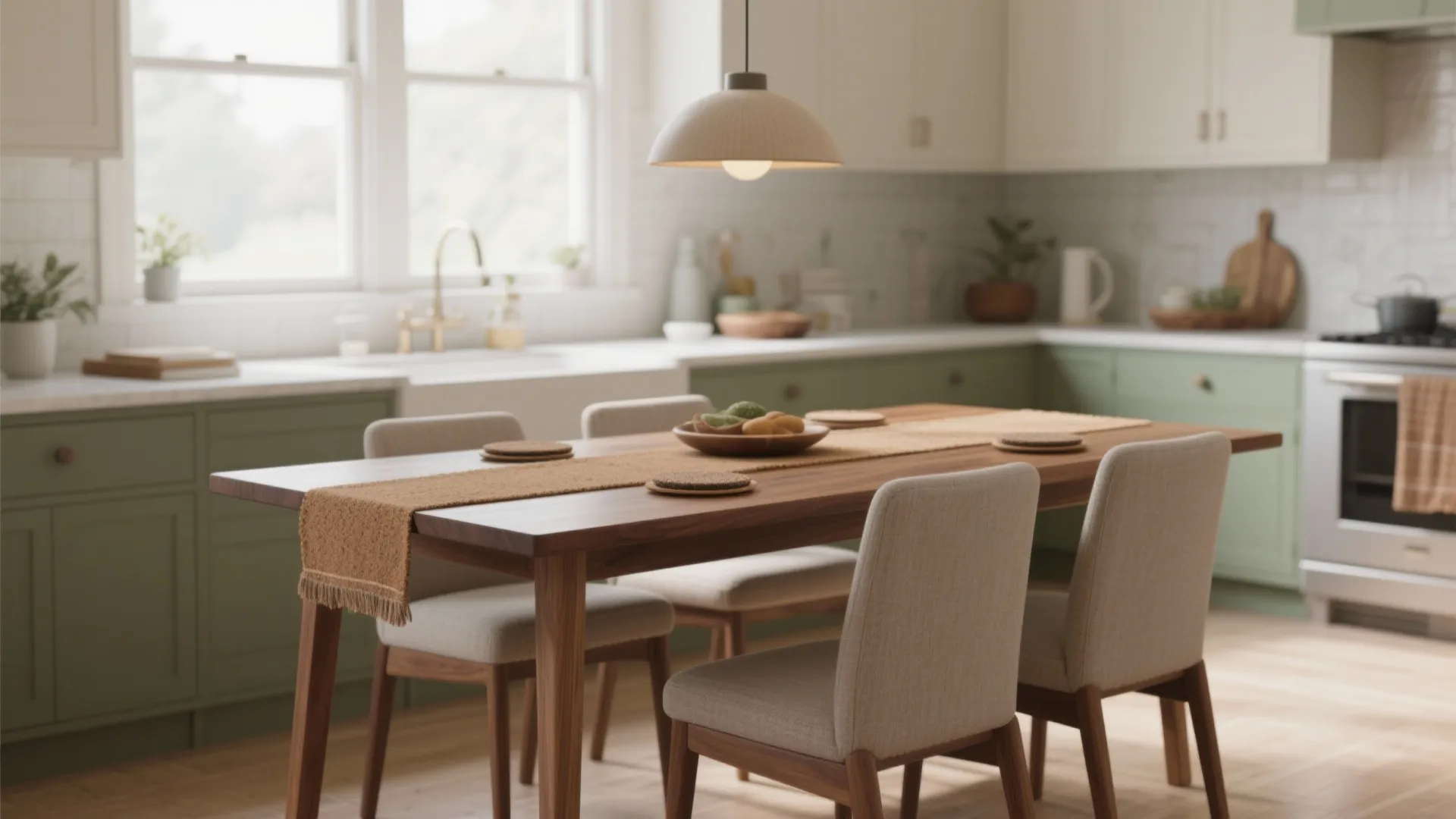 Modern kitchen dining area with wooden table green cabinets white tiles ceiling light and beige chairs