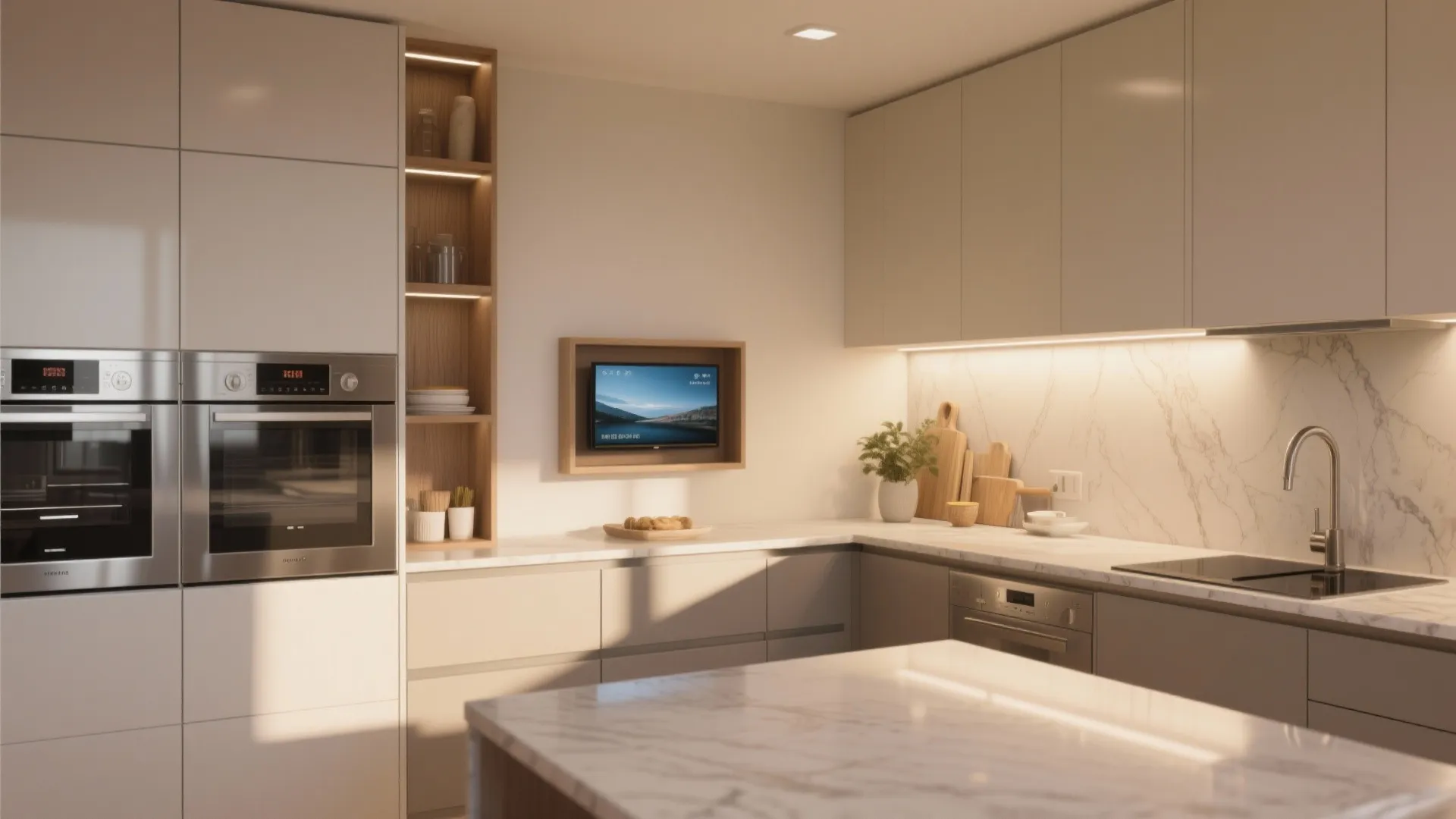 Cream kitchen cabinets with marble wall plus small television screen mounted above light stone countertop