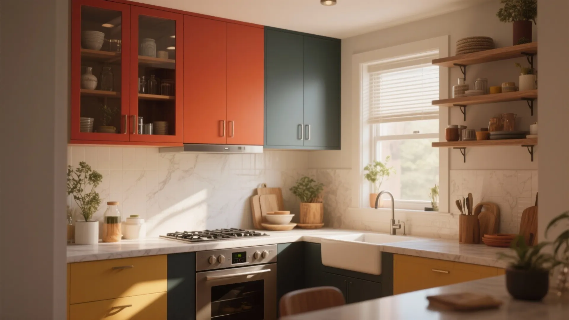 Colorful kitchen featuring orange and teal upper cabinets yellow lower cabinets and wooden open wall shelves