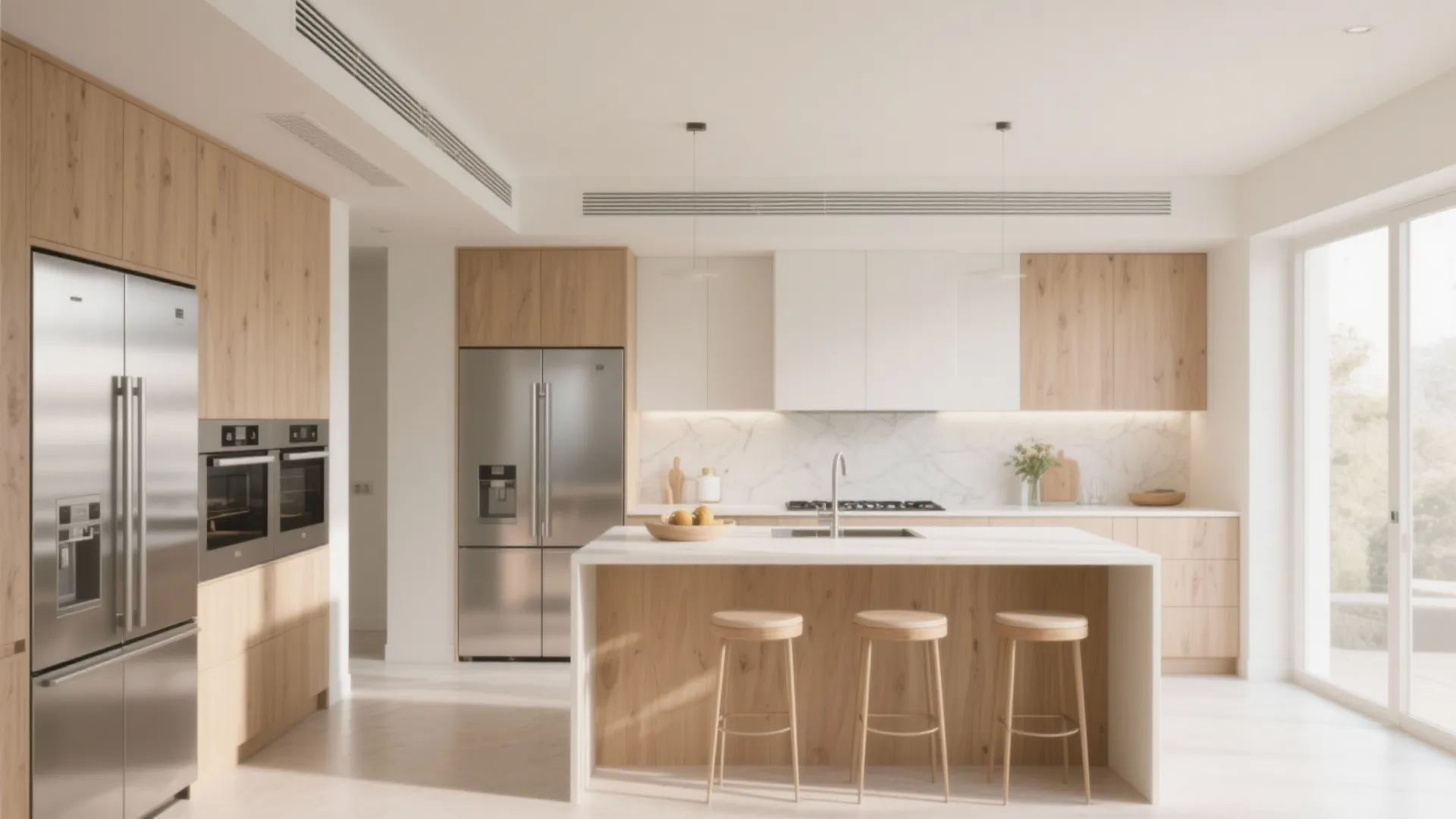 Modern kitchen with wood cabinets white island three stools silver fridge and built in ovens