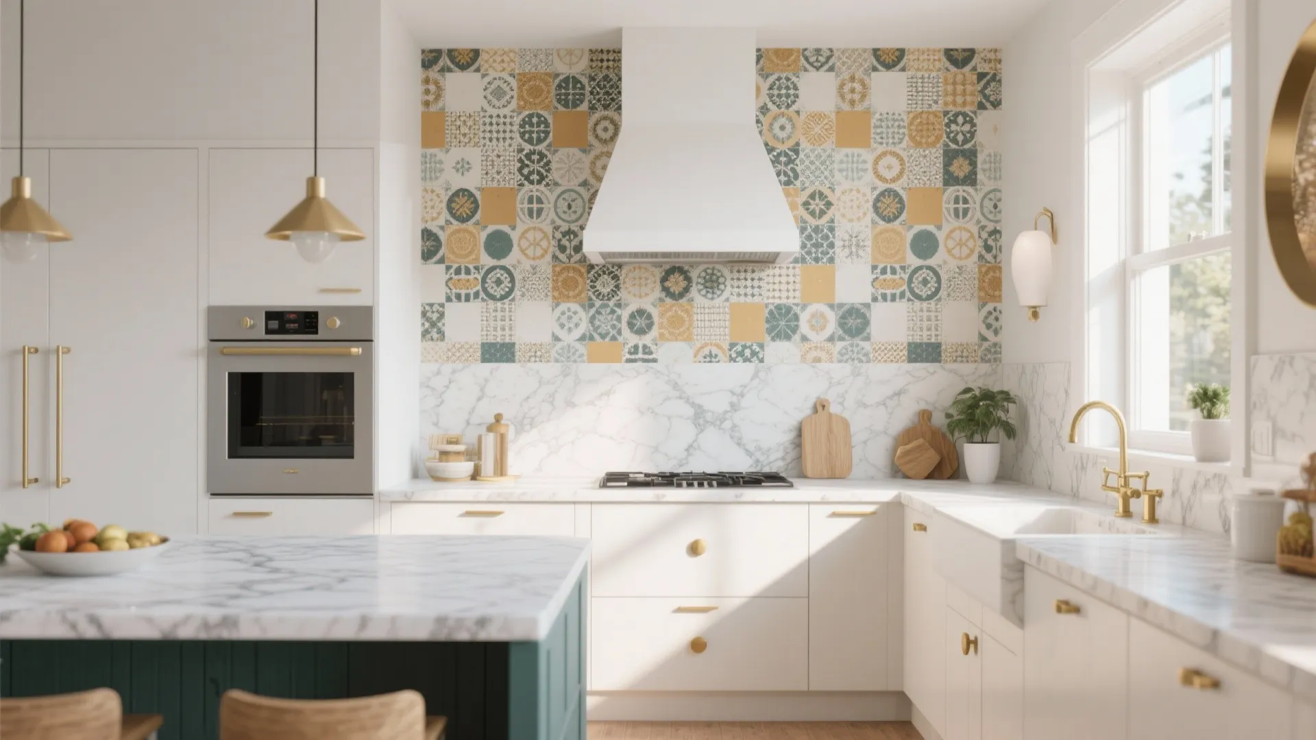 Modern white kitchen with colorful patterned wall tiles marble counters gold light fixtures and natural sunlight