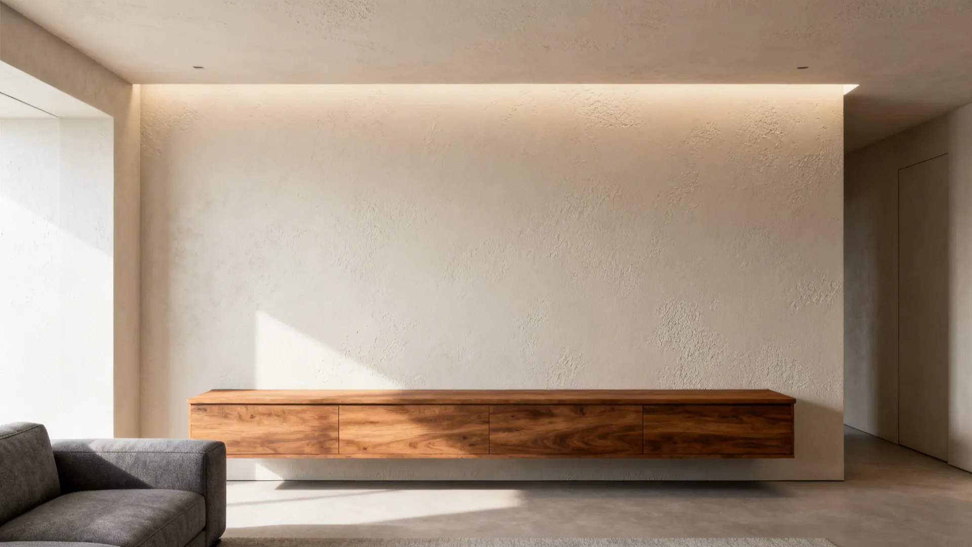 Modern living room with subtle knockdown wall texture in a matte finish.