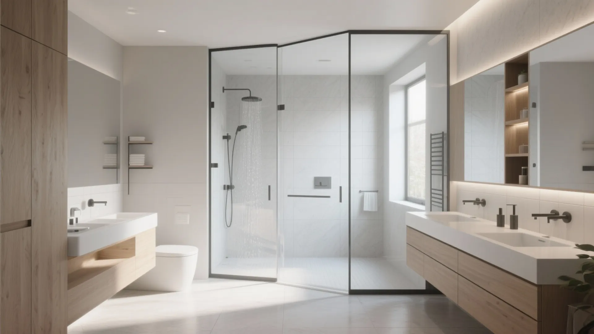 Modern white bathroom with double wooden cabinets and a glass shower area with black frame