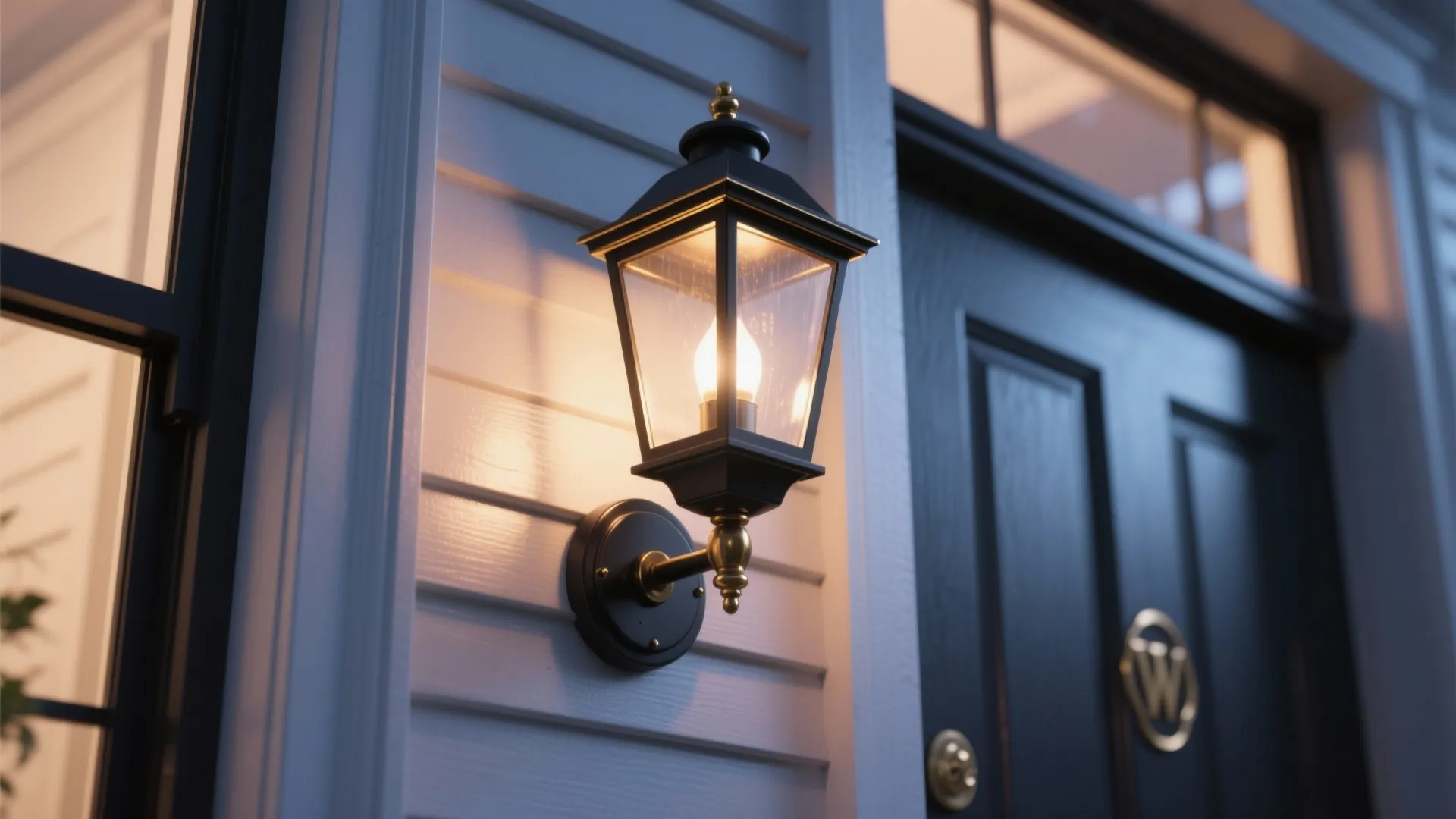 Classic black wall light with warm bulb fixed on white siding next to front door