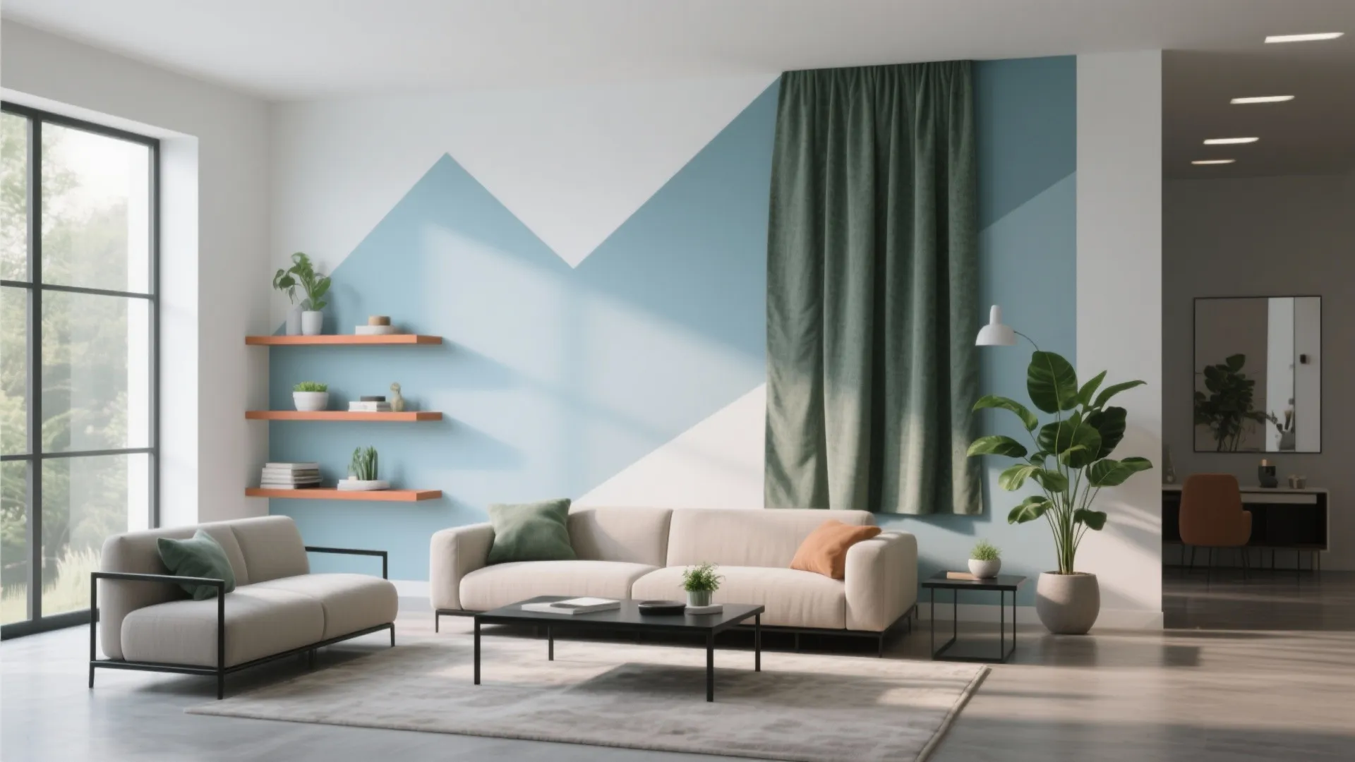 Modern living room with blue geometric wall paint, beige sofa, wooden shelves, and green indoor plants
