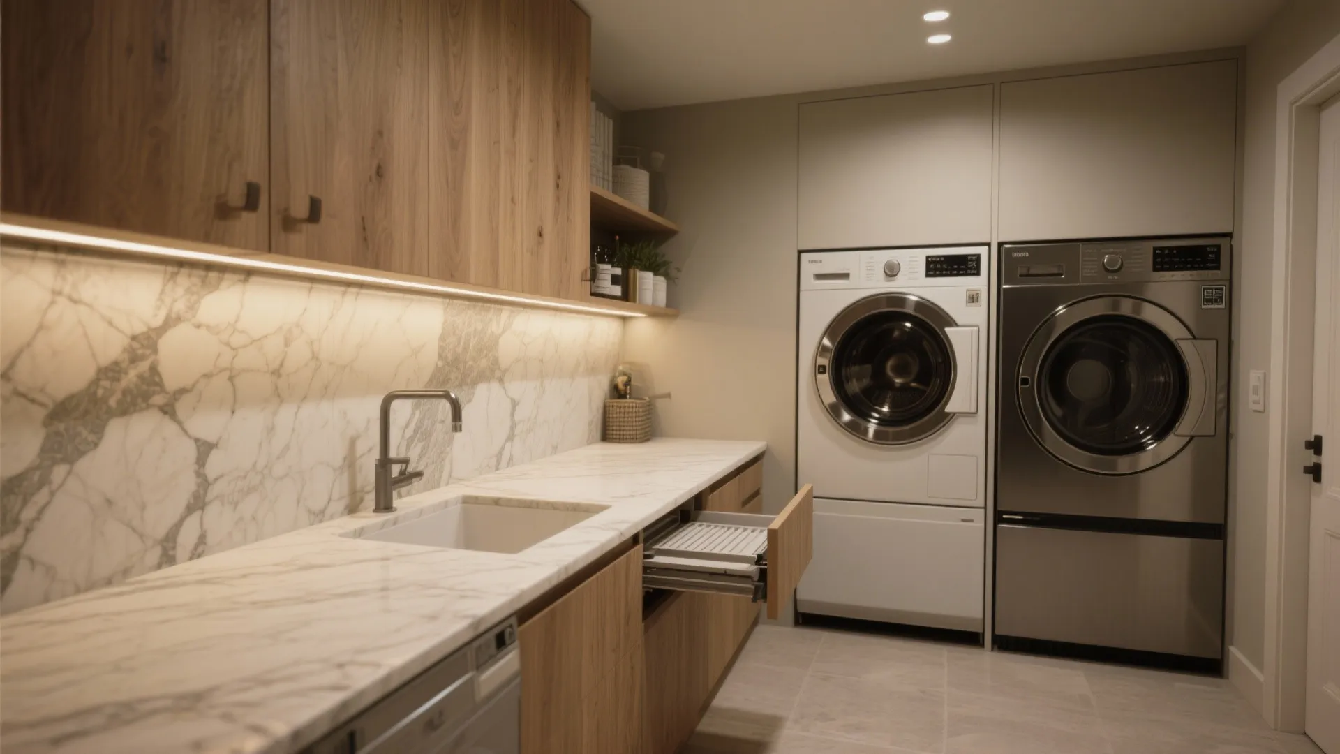 Laundry room with wood cabinets marble backsplash washing machine dryer and an open pull out drawer