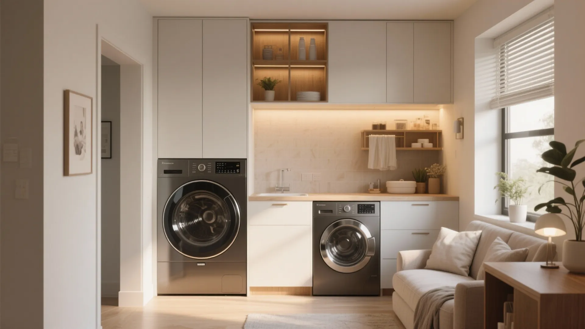 Clean laundry room design with two dark washing machines built into white cabinets near window