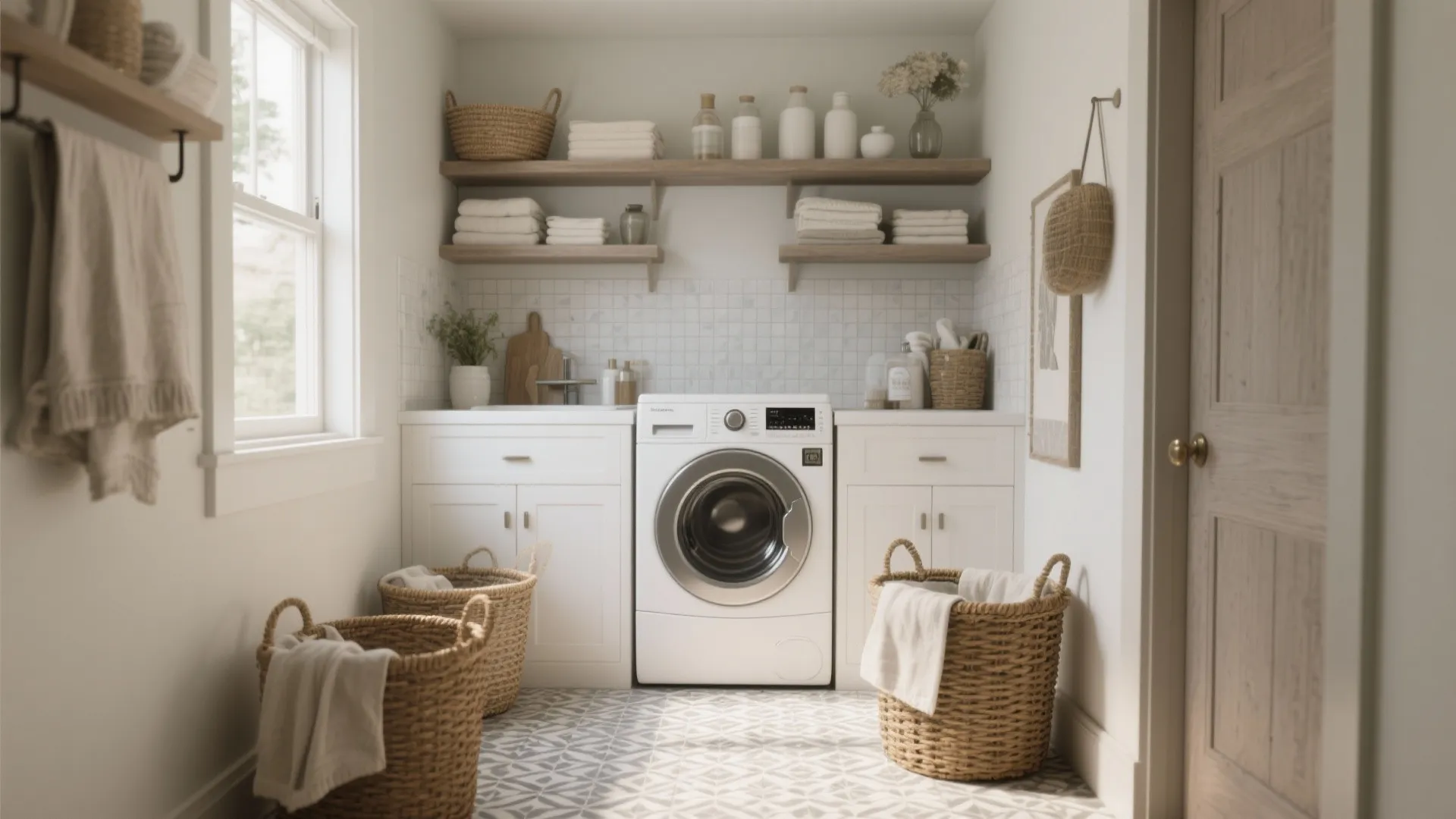 Bright laundry room featuring white cabinets one washing machine wooden shelves and several woven baskets