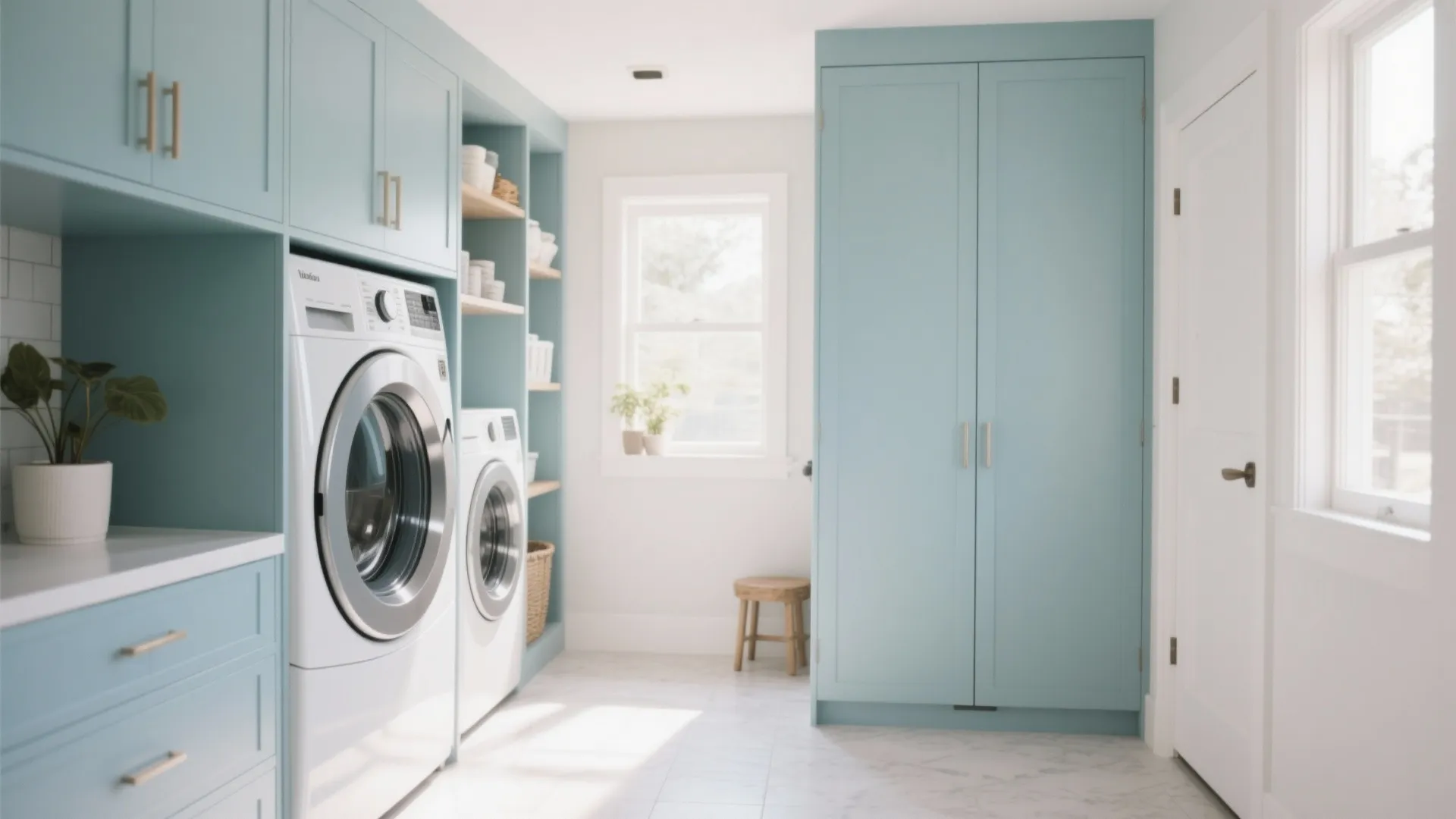 Spacious laundry room with light blue cabinets white washing machine and large white storage cabinet