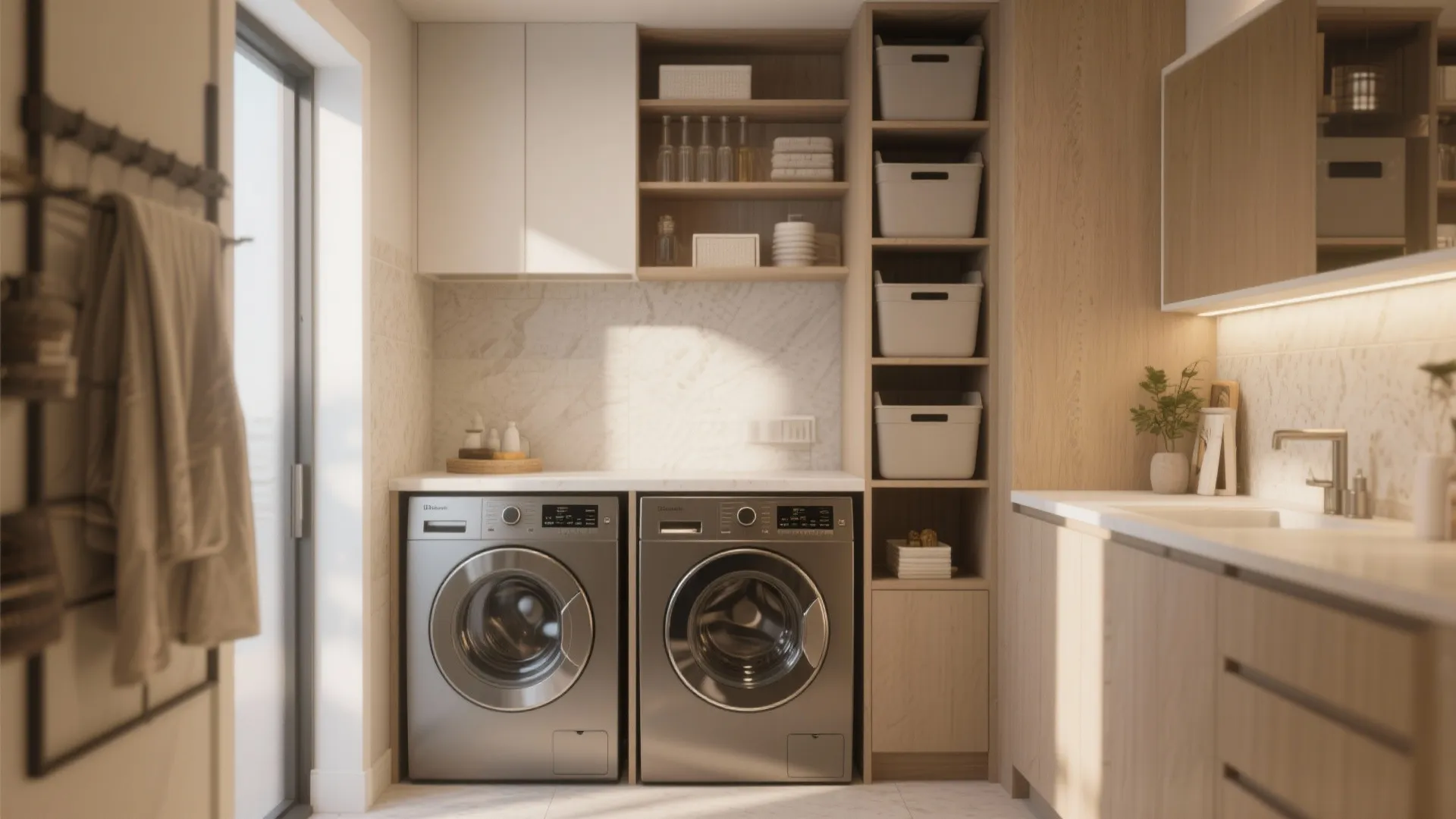 Modern laundry room with silver washing machines wooden cabinets white storage bins and marble wall tiles