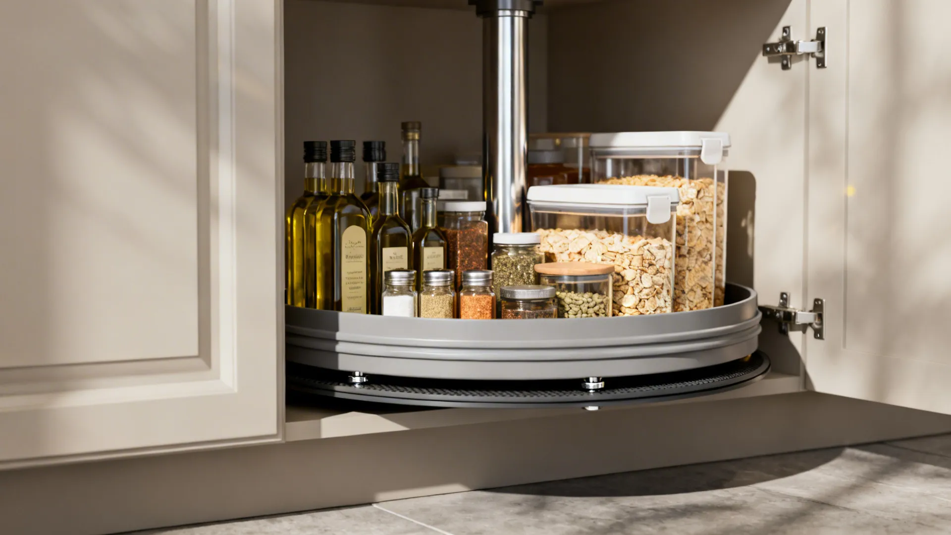 Macro view of a full-circle lazy Susan with raised edge and non-slip surface holding pantry items.
