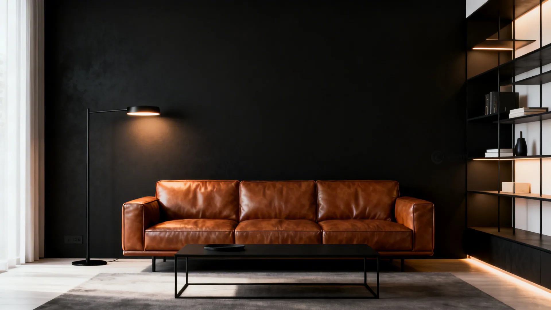 Cognac leather sofa as focal point against a matte black wall with slim black accents and warm lighting.