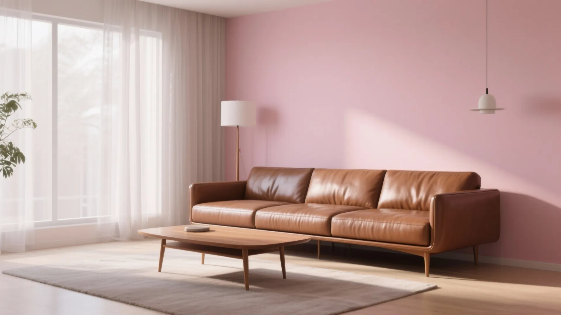 Minimal living space with brown leather sofa and pale pink wall