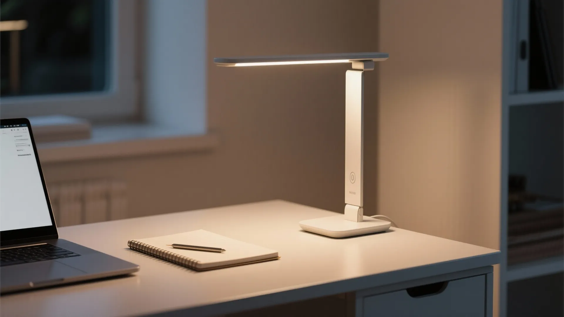 White led desk lamp illuminating a notebook and pen on a white desk with laptop
