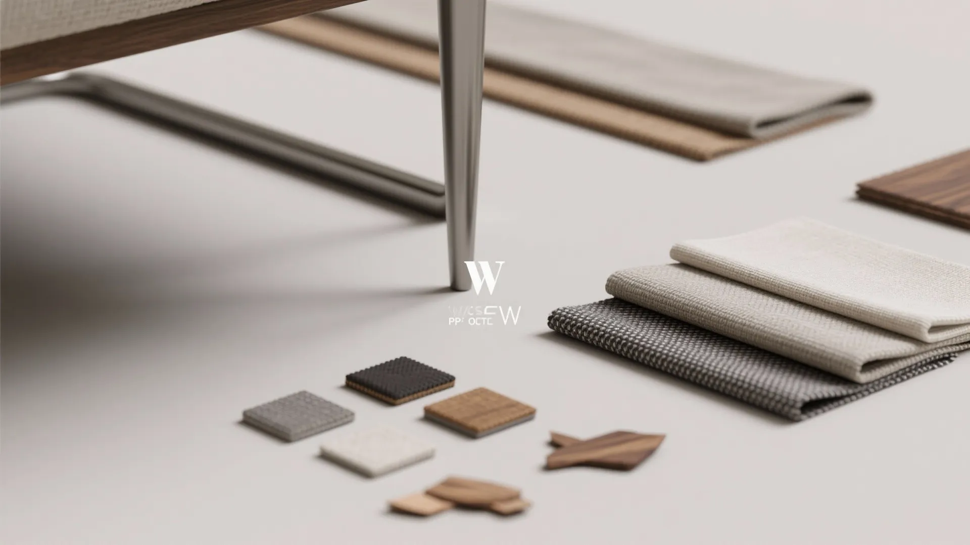 Flatlay of metal tapered legs, fabric swatches and wood finish samples for lightweight chaise design.