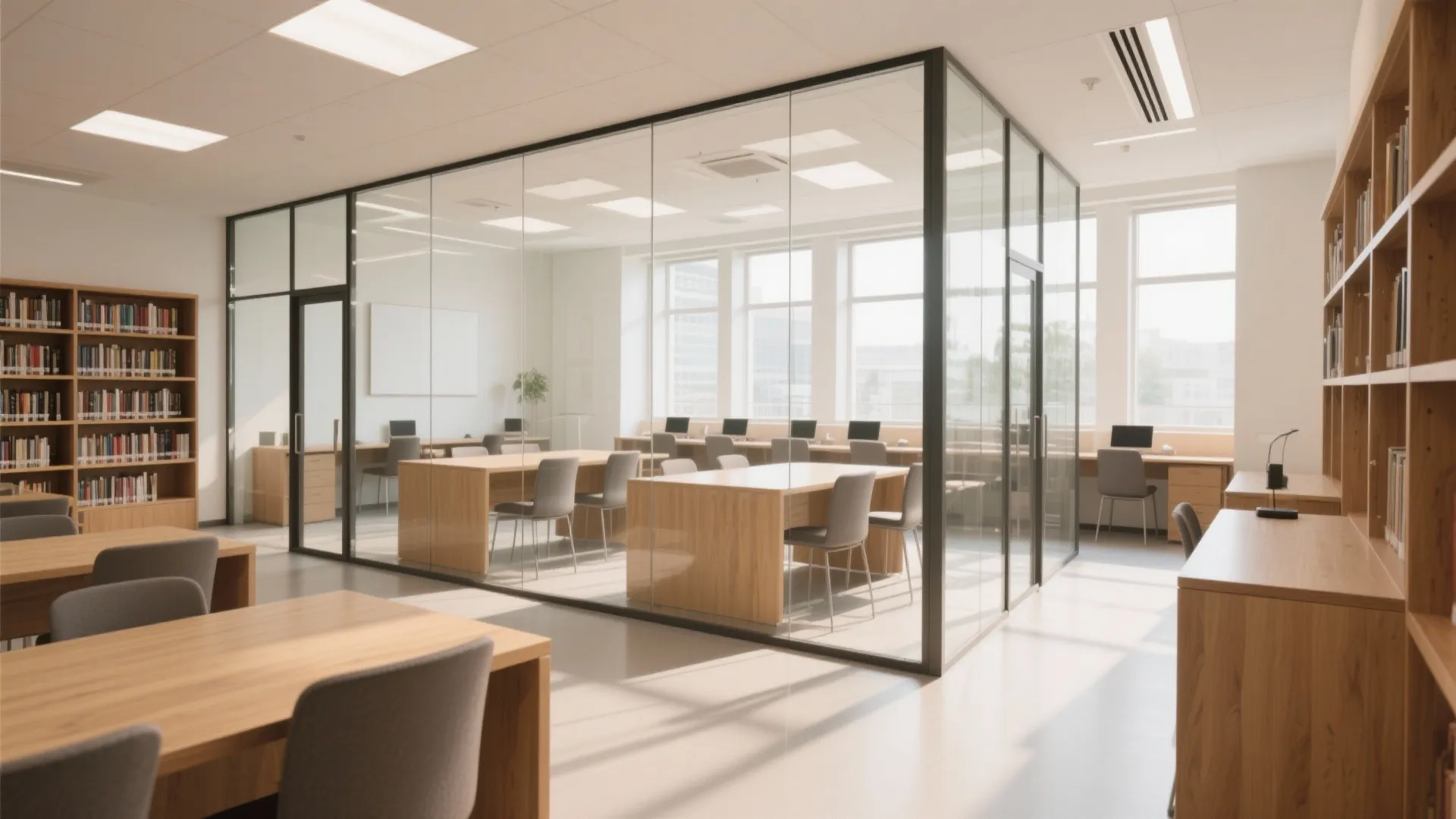Modern office interior with large glass walls wooden tables grey chairs and bright ceiling light fixtures