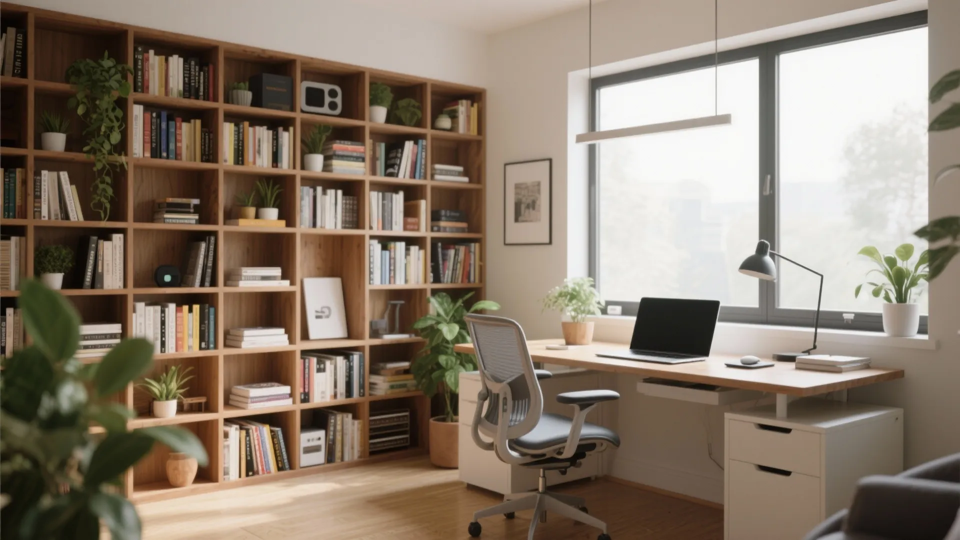 Modern home office featuring large wooden bookshelf with plants laptop on desk and grey chair