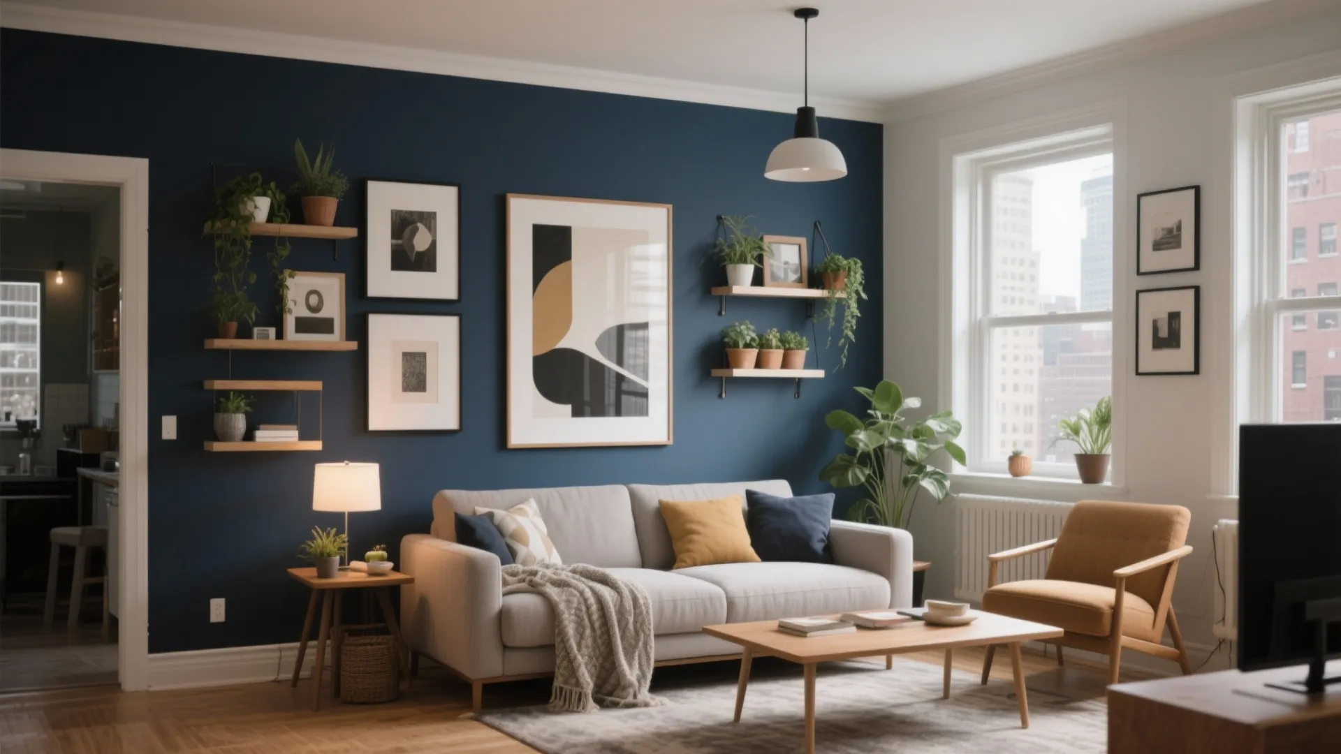 Dark blue living room wall with grey sofa yellow armchair wooden coffee table and plants
