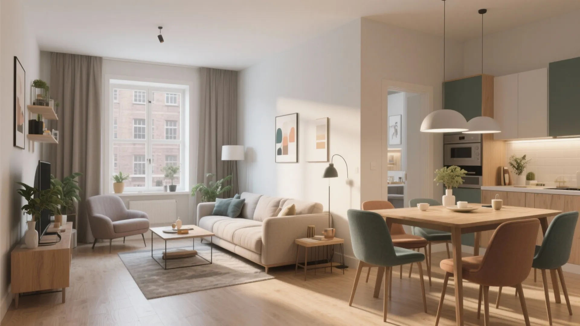 Open plan living space featuring a white sofa grey armchair and wooden dining table set