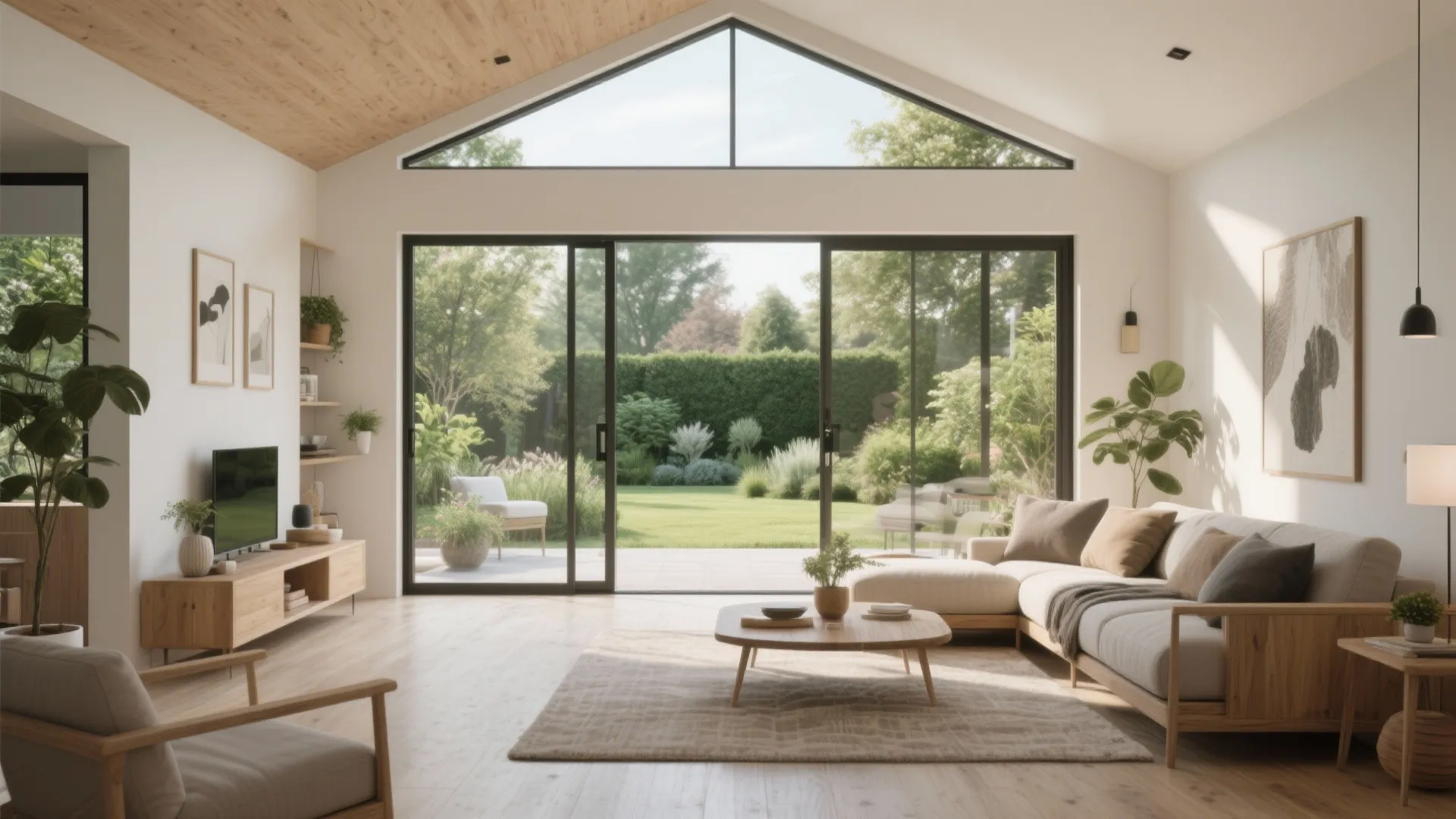 Modern living room with wooden ceiling large glass doors opening to a green garden and lawn