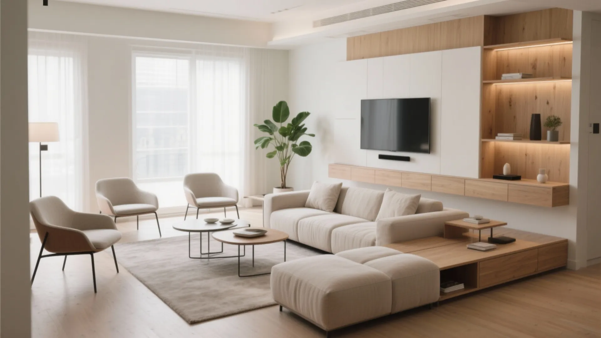 Modern bright living room with white sofa wooden cabinets television green plant and large wall windows