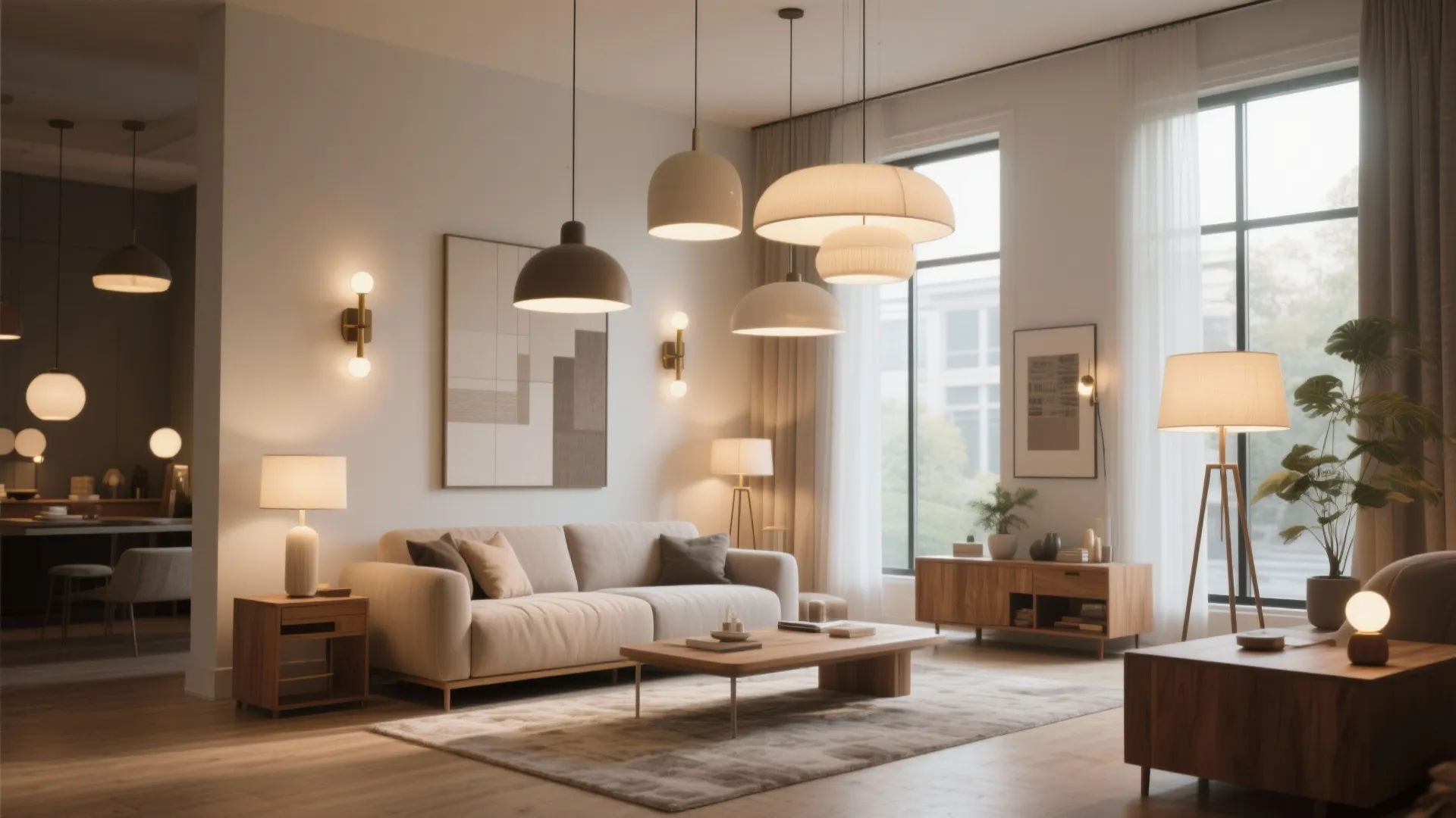 Modern living room with multiple ceiling lights hanging over a beige sofa and wooden table