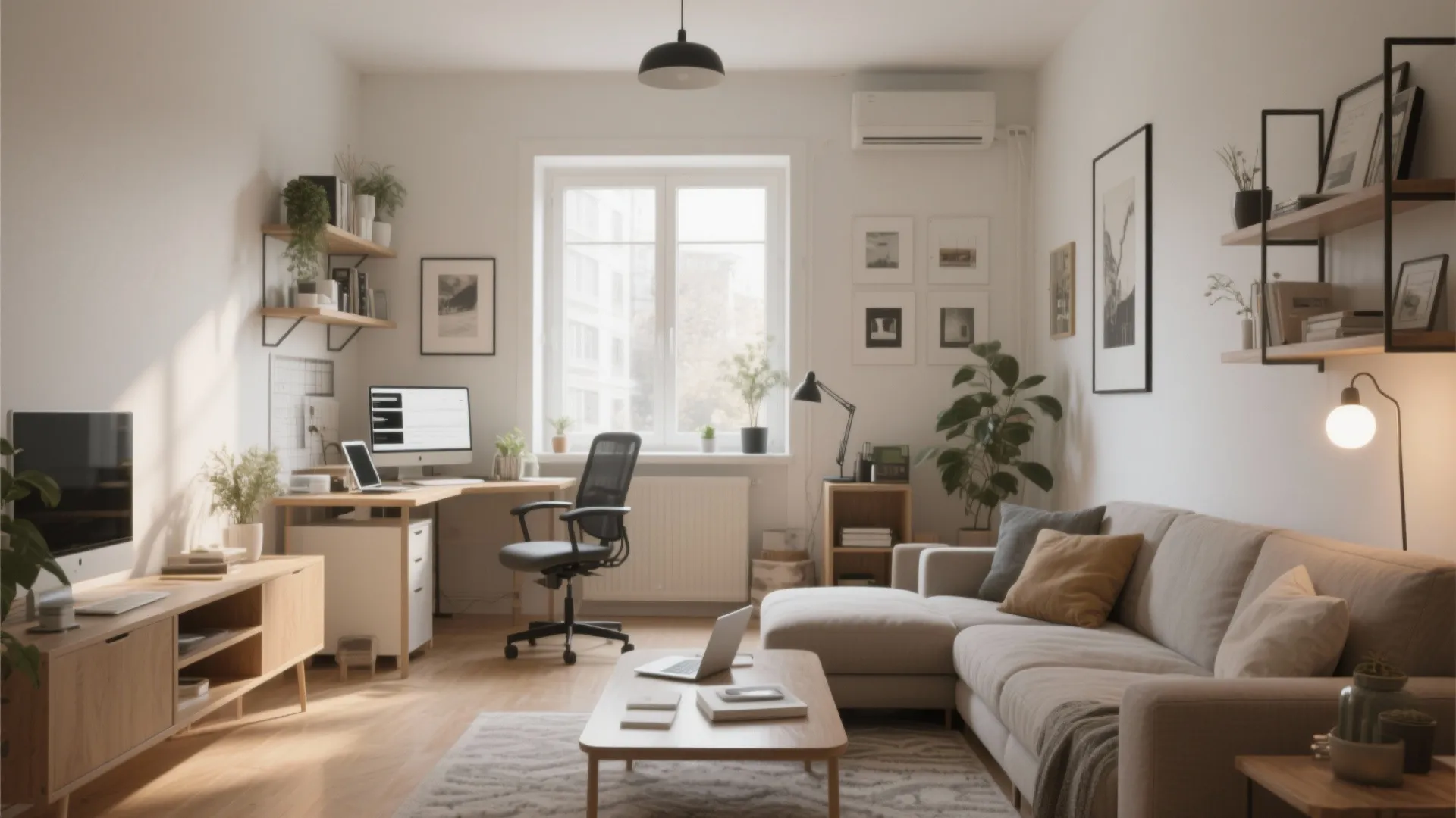 Modern bright living room featuring a corner home office desk with computer and grey sofa